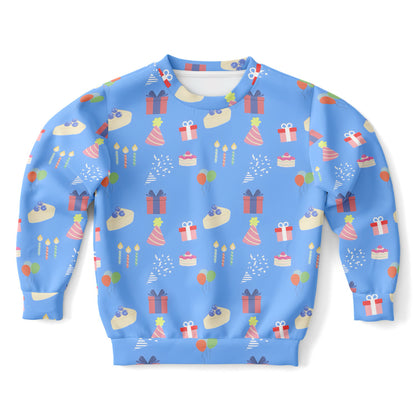 Kids Blue Birthday Pattern Sweatshirt – Cozy Cotton Fleece or Lightweight Sports Fabric