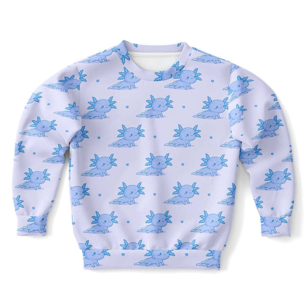 Kids Blue Axolotl Sweatshirt – Cozy Cotton Fleece or Lightweight Sports Fabric