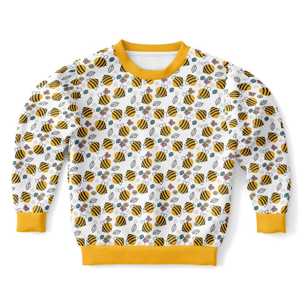 Kids bumble bee sweatshirt white cotton fleece with yellow trim and playful cartoon bee print in black and green