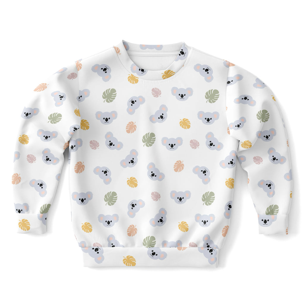 White kids koala bear sweatshirt with playful gray koala and tropical leaf pattern in cozy cotton fleece fabric