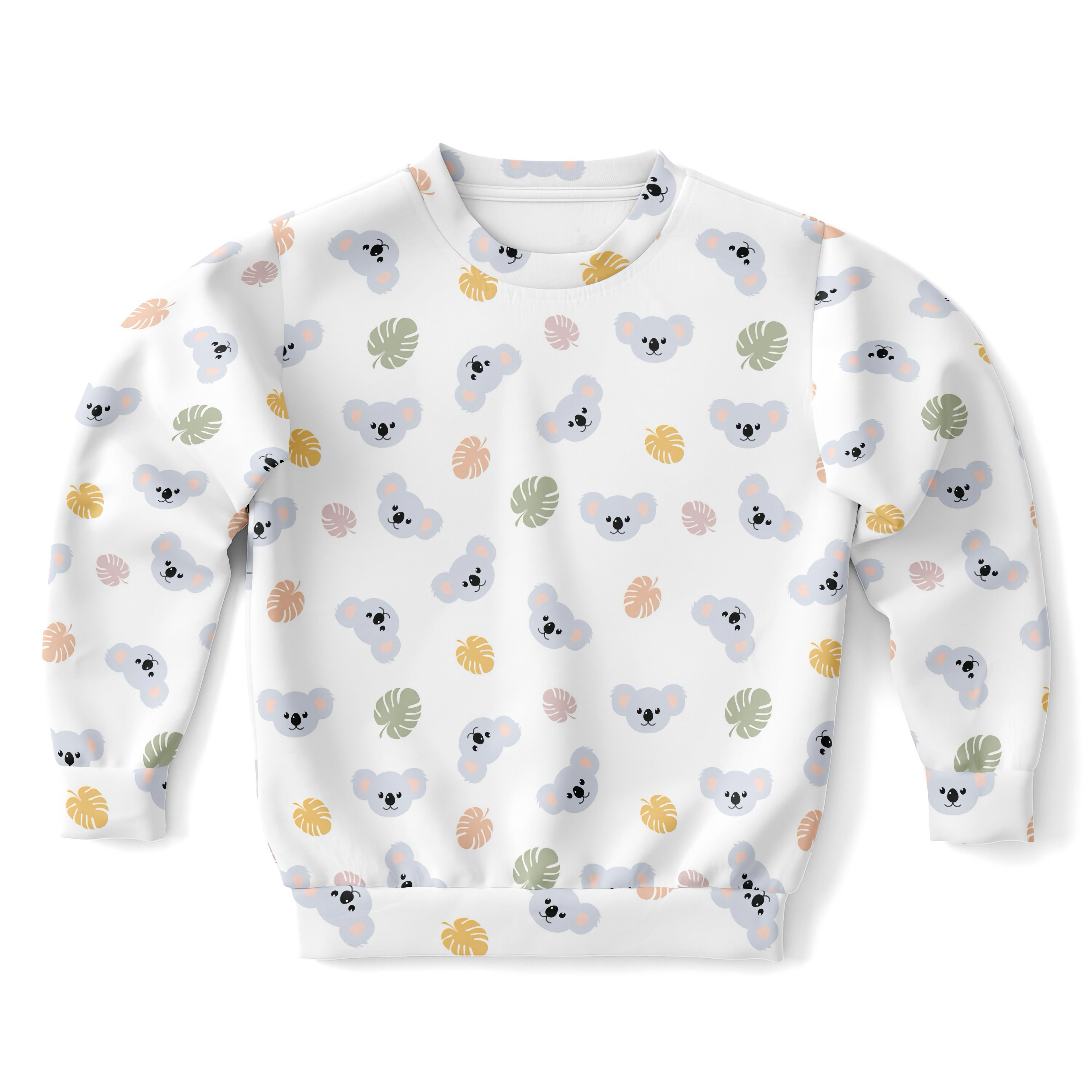 White kids koala bear sweatshirt with playful gray koala and tropical leaf pattern in cozy cotton fleece fabric