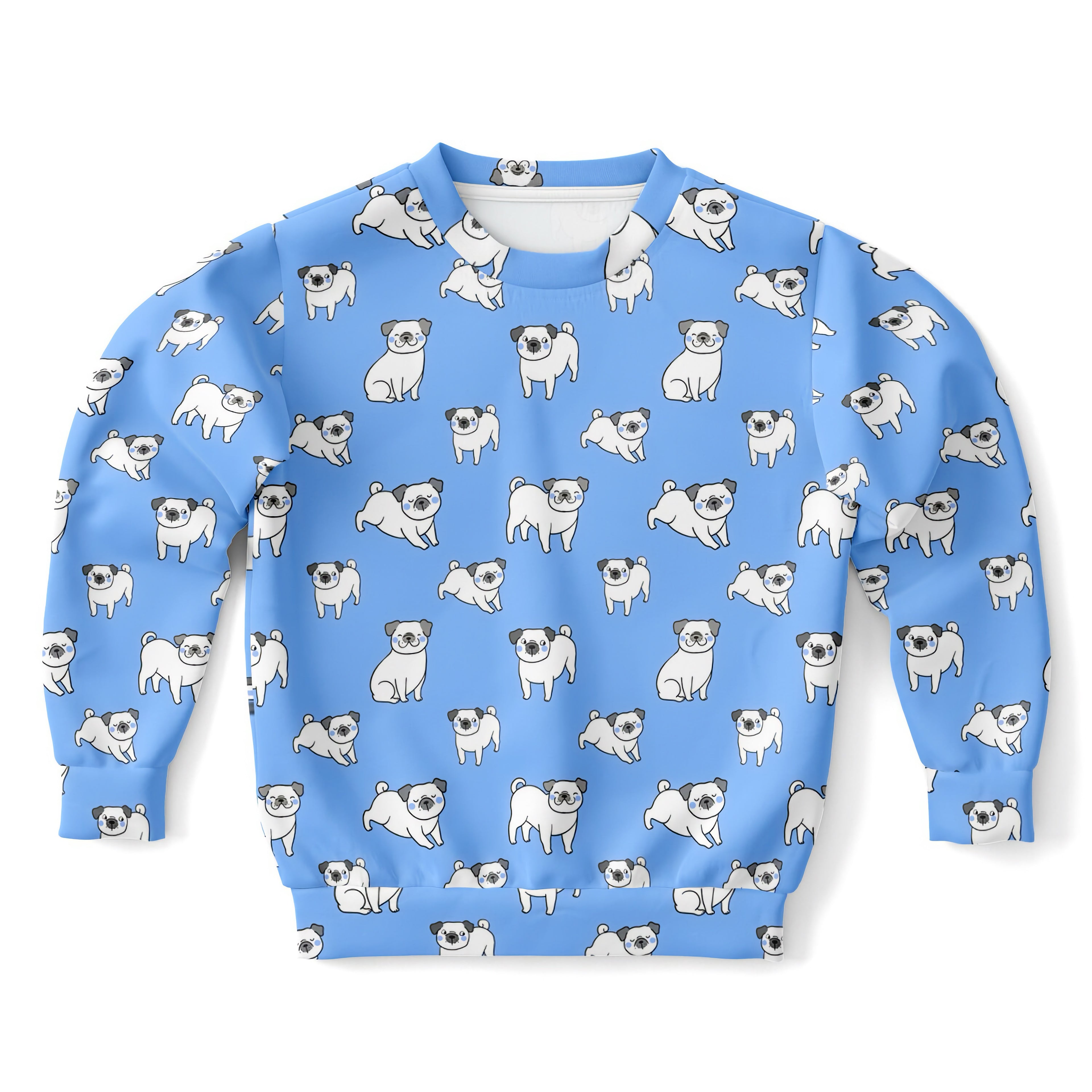 Kids Blue Pug Sweatshirt – Cozy Cotton Fleece or Lightweight Sports Fabric