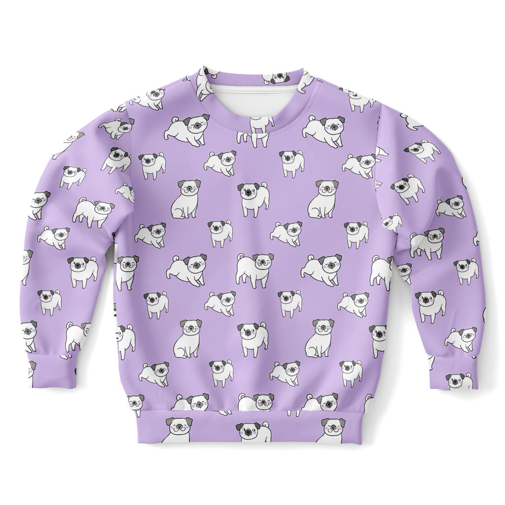Girls purple pug sweatshirt in cozy cotton fleece with playful all-over cartoon pug print for casual wear