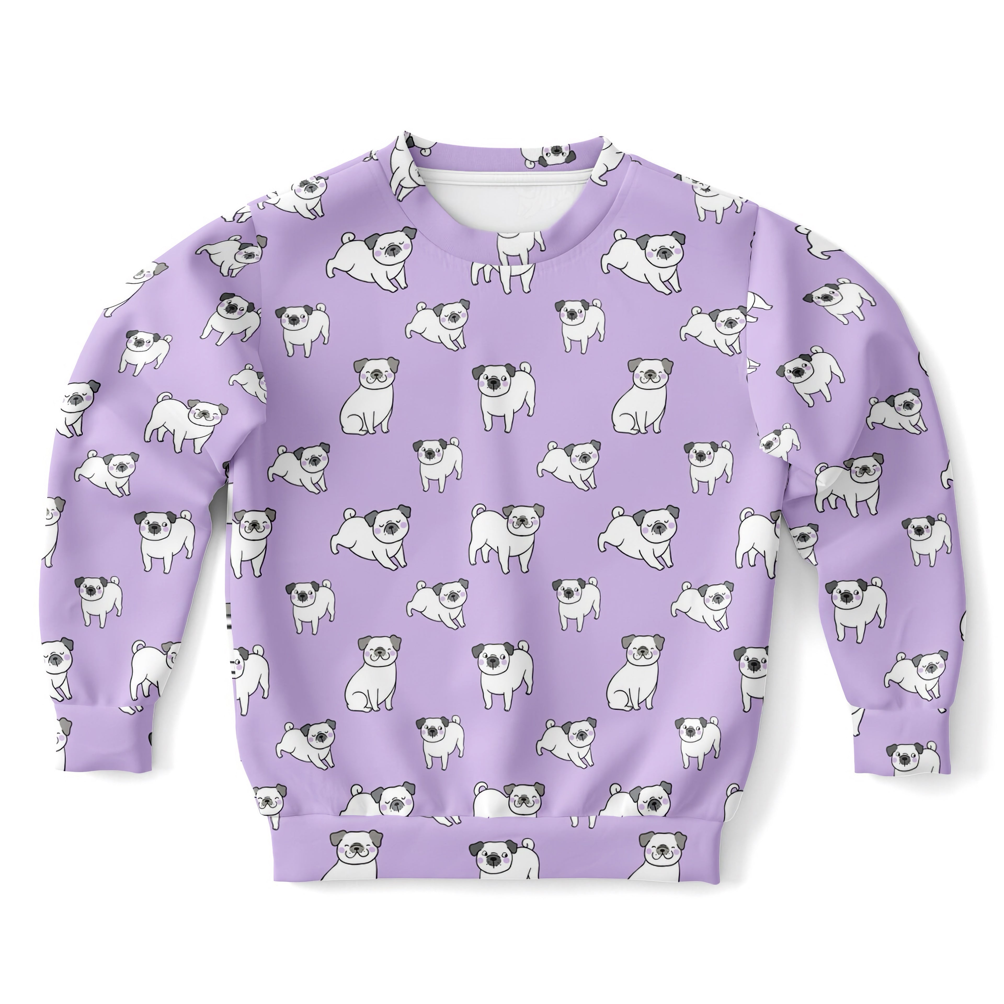 Girls purple pug sweatshirt in cozy cotton fleece with playful all-over cartoon pug print for casual wear