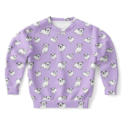 Girls Purple Pug Sweatshirt – Cozy Cotton Fleece or Lightweight Sports Fabric