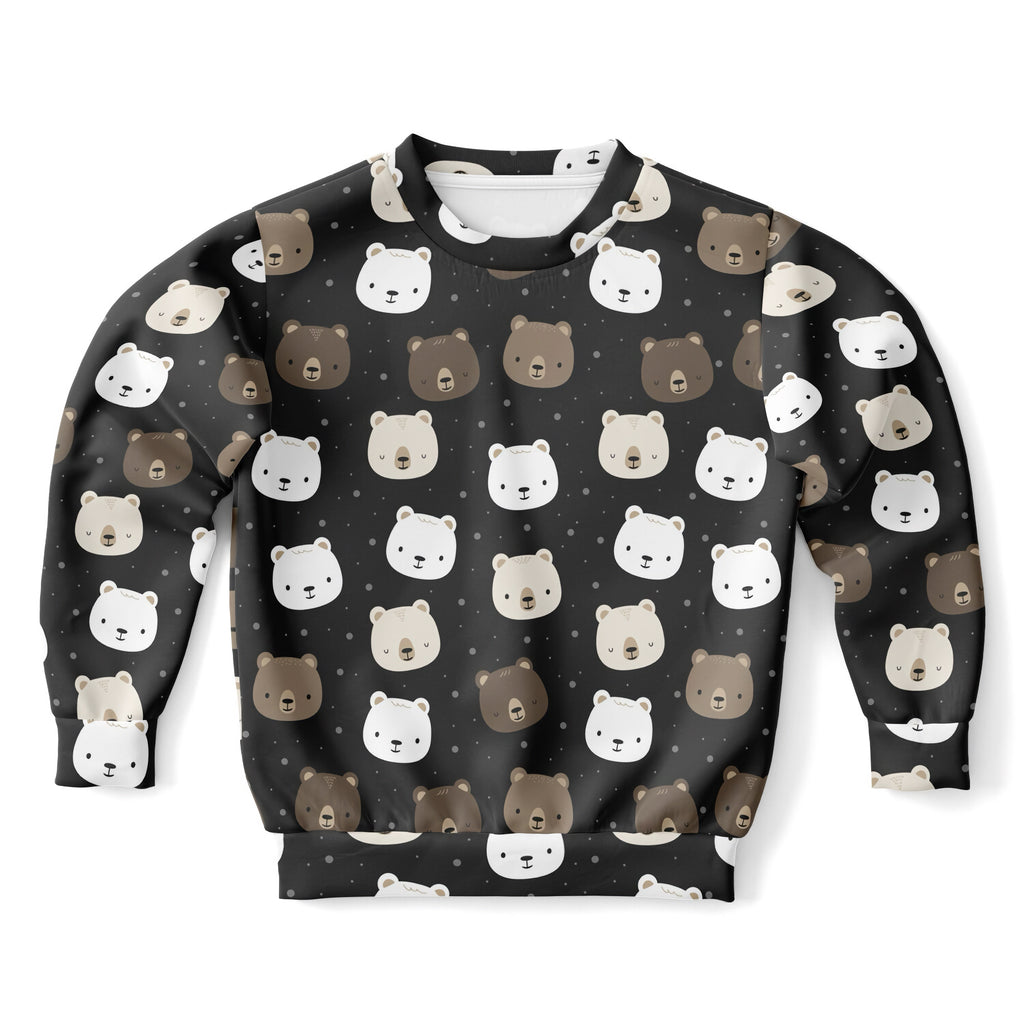 Black kids bear face sweatshirt with playful cartoon bear print in white beige and brown on cozy cotton fleece