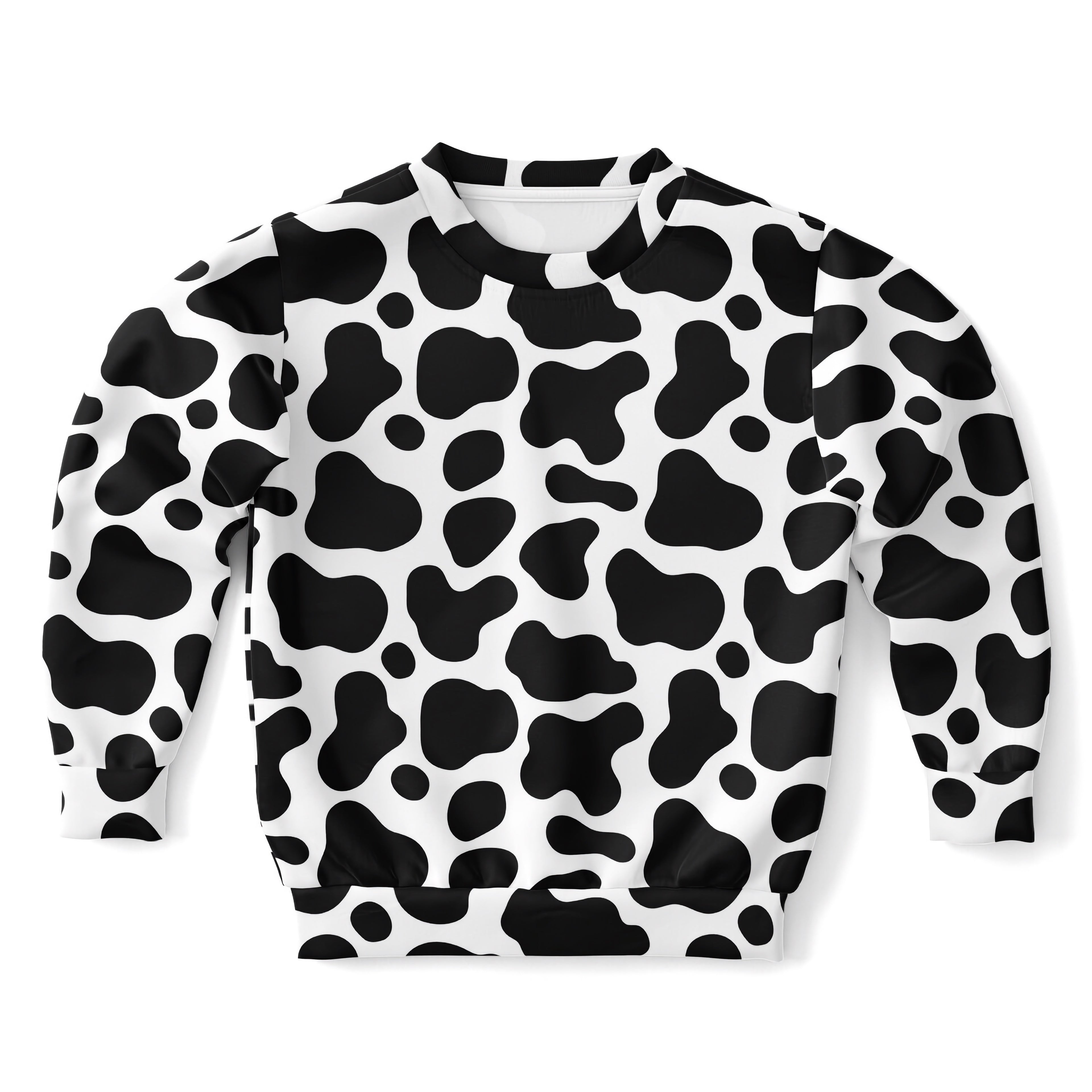 Kids cow print sweatshirt in black and white cotton fleece featuring cozy fabric for casual wear