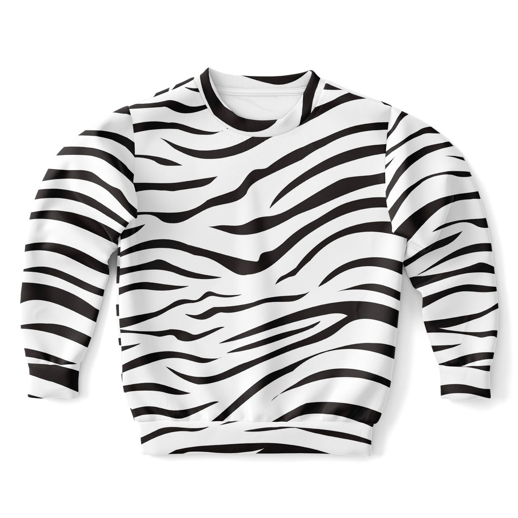 Kids zebra print sweatshirt in black and white cotton fleece with long sleeves and a classic crew neck design