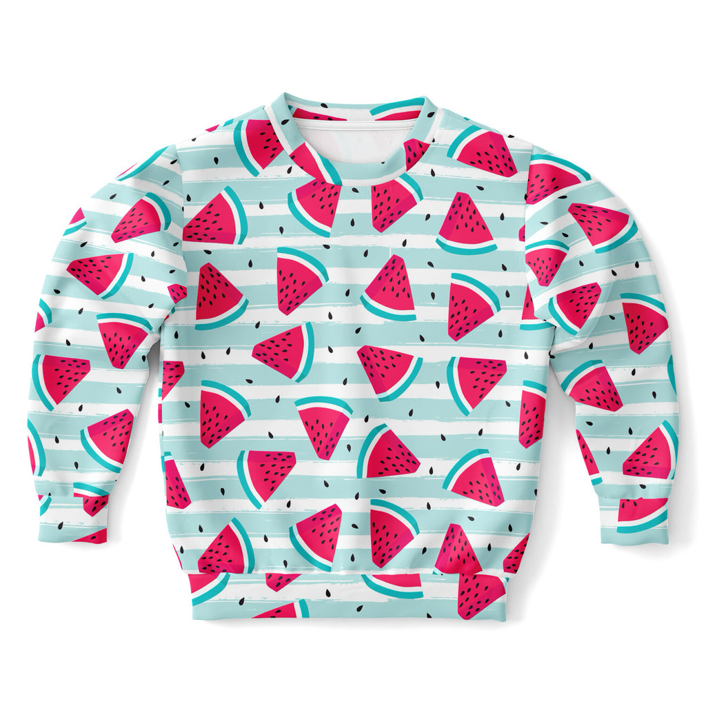 Kids striped watermelon sweatshirt with playful pink and teal slices on light blue and white cotton fleece fabric