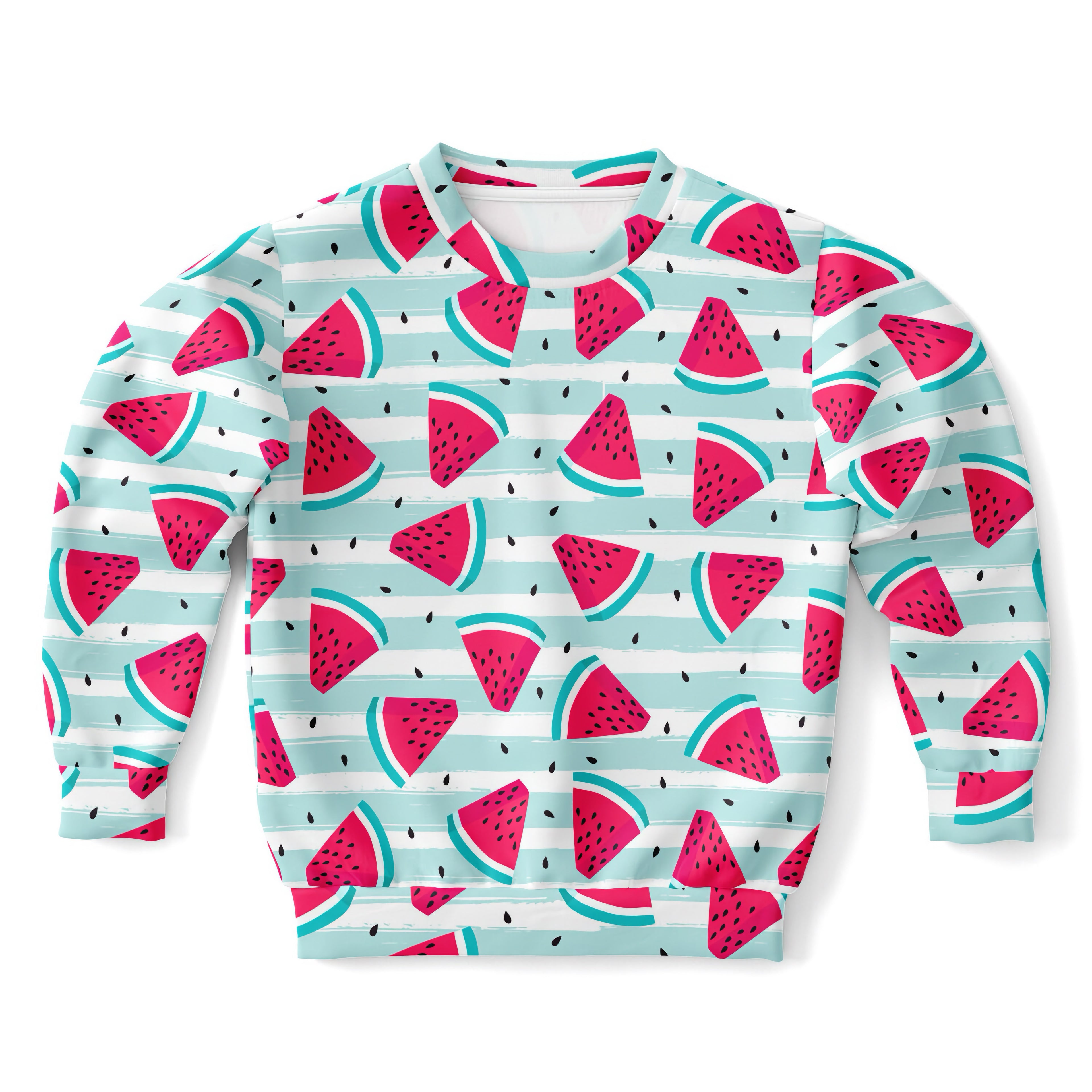 Kids striped watermelon sweatshirt with playful pink and teal slices on light blue and white cotton fleece fabric