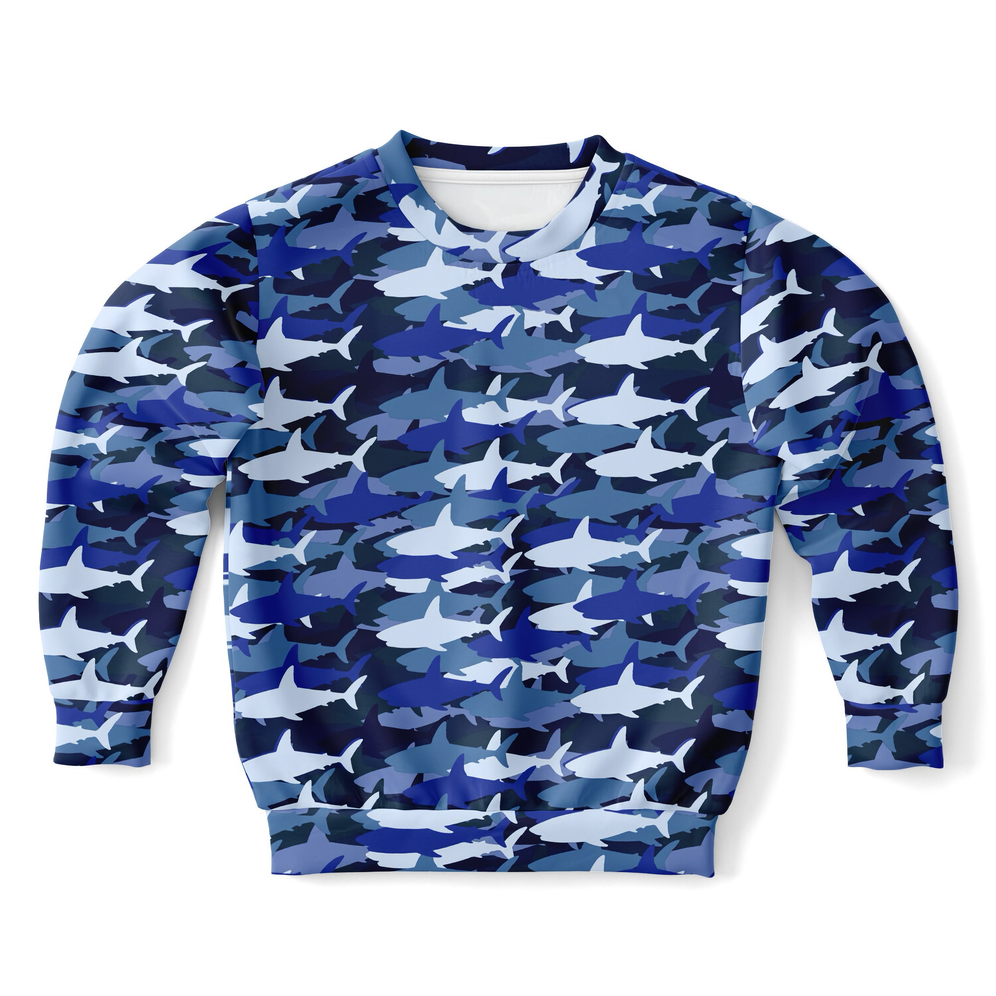 Kids blue shark sweatshirt with white shark pattern and camouflage design made of cozy cotton fleece or lightweight fabric
