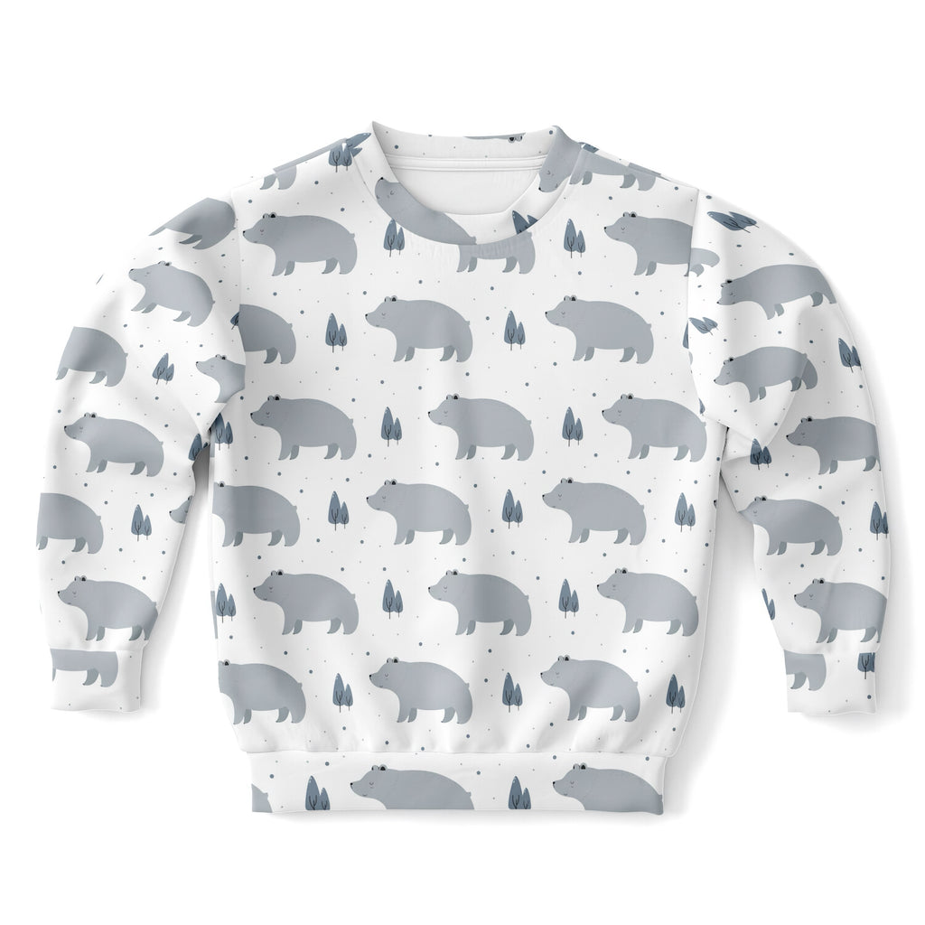 Kids polar bear sweatshirt white with gray bear and tree pattern made from cozy cotton fleece or lightweight fabric