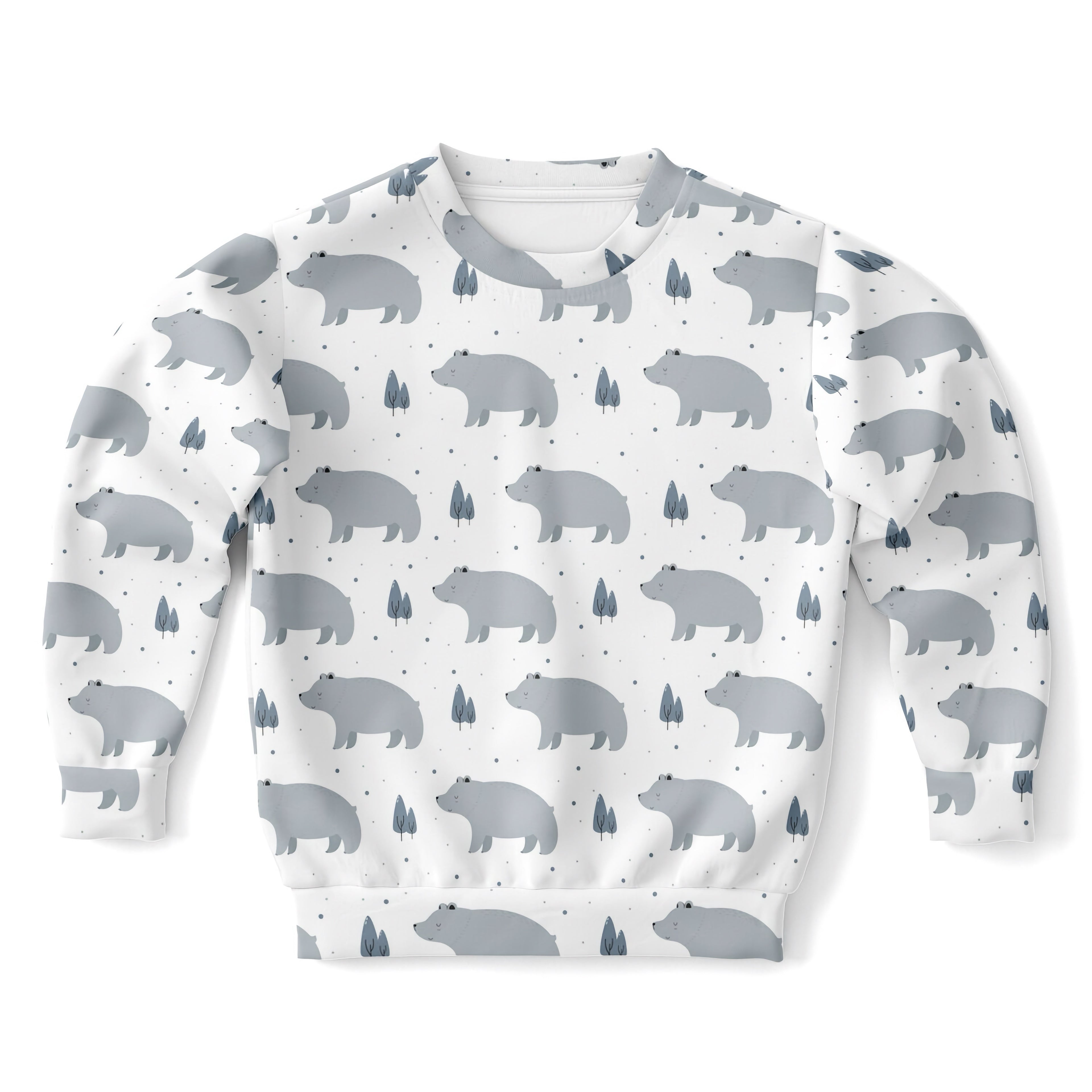 Kids polar bear sweatshirt white with gray bear and tree pattern made from cozy cotton fleece or lightweight fabric