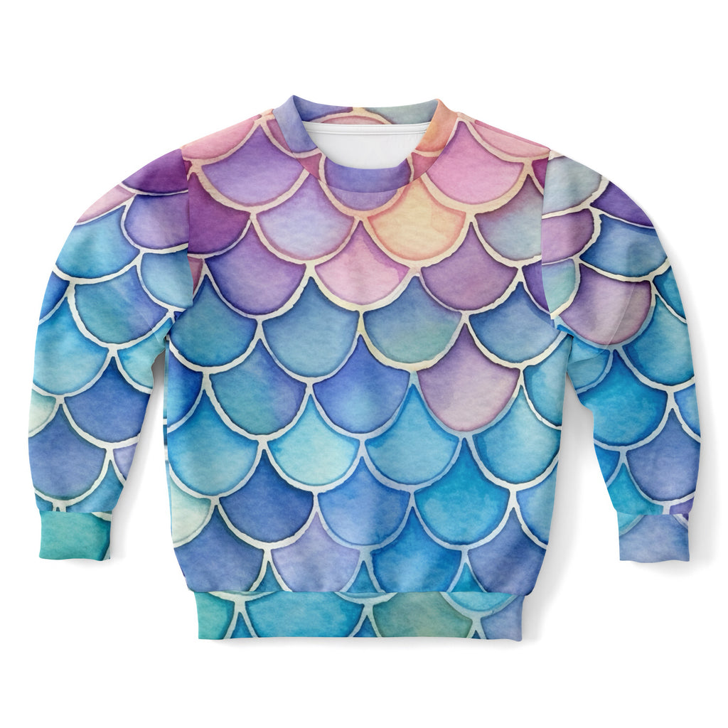 Girls colorful mermaid scales sweatshirt in vibrant blues purples and pinks made from cozy cotton fleece