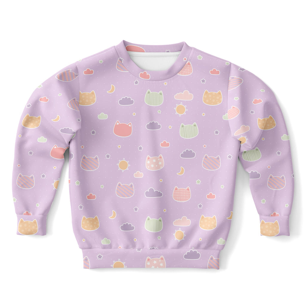 Girls Pastel Purple Kawaii Cats & Clouds Sweatshirt – Cozy Cotton Fleece or Lightweight Sports Fabric