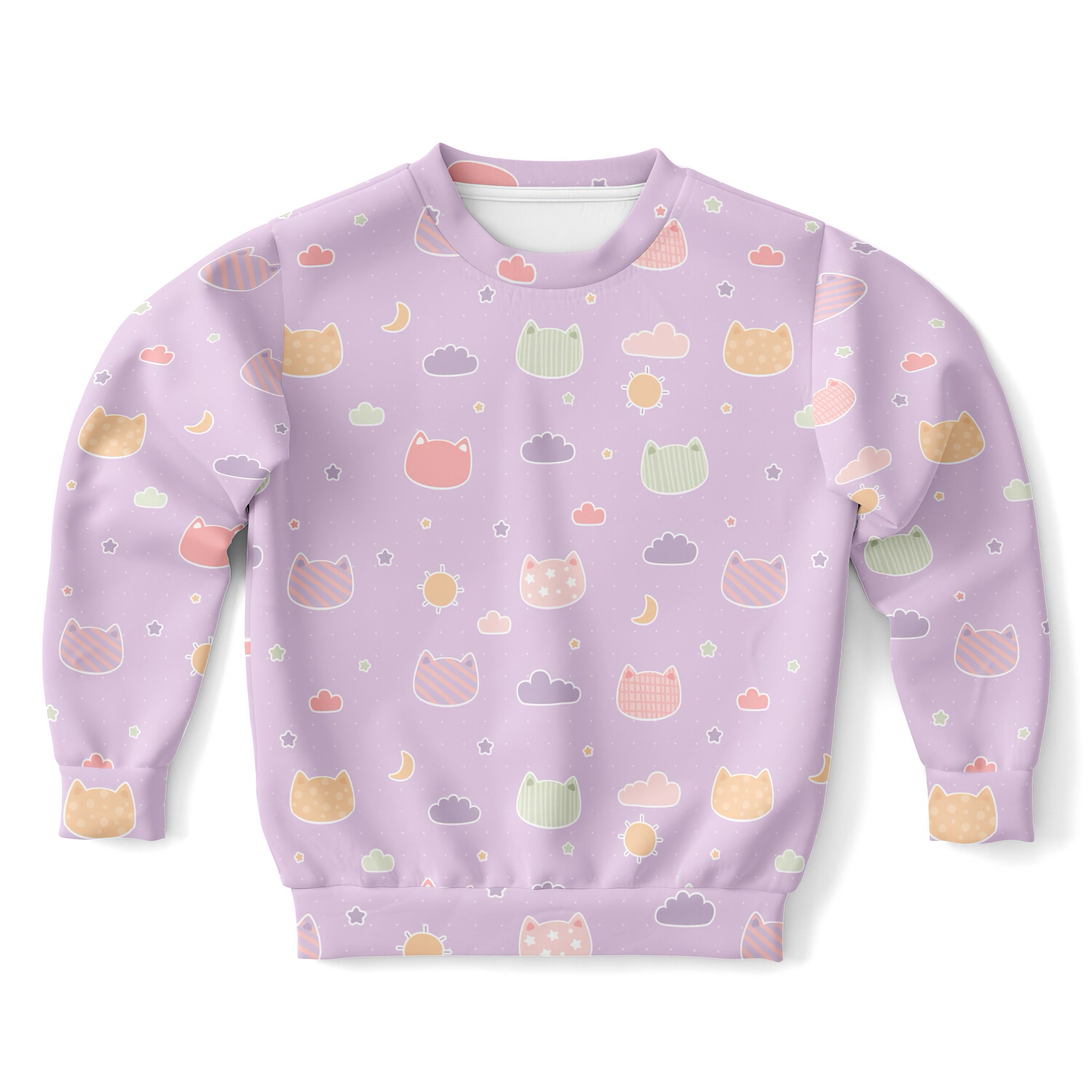 Girls Pastel Purple Kawaii Cats & Clouds Sweatshirt – Cozy Cotton Fleece or Lightweight Sports Fabric