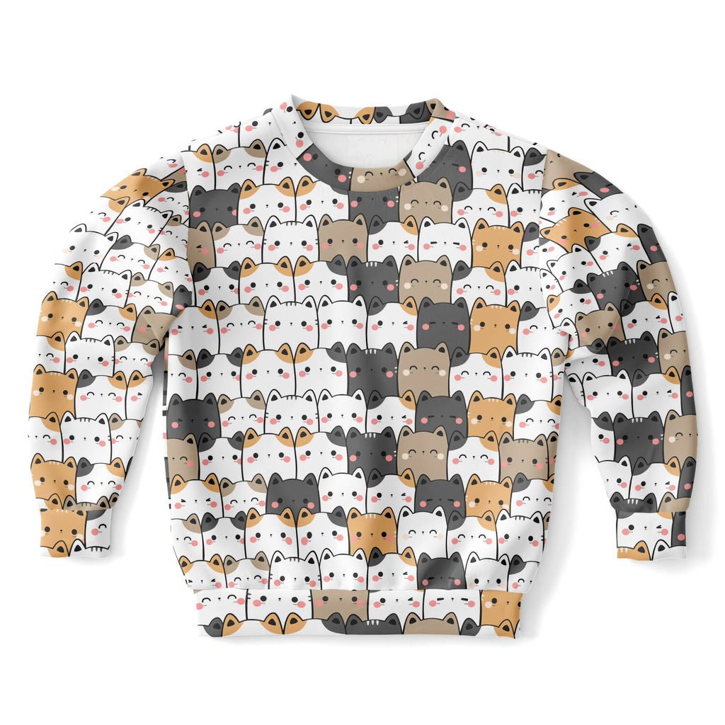 Girls Kawaii Cat Sweatshirt – Cozy Cotton Fleece or Lightweight Sports Fabric