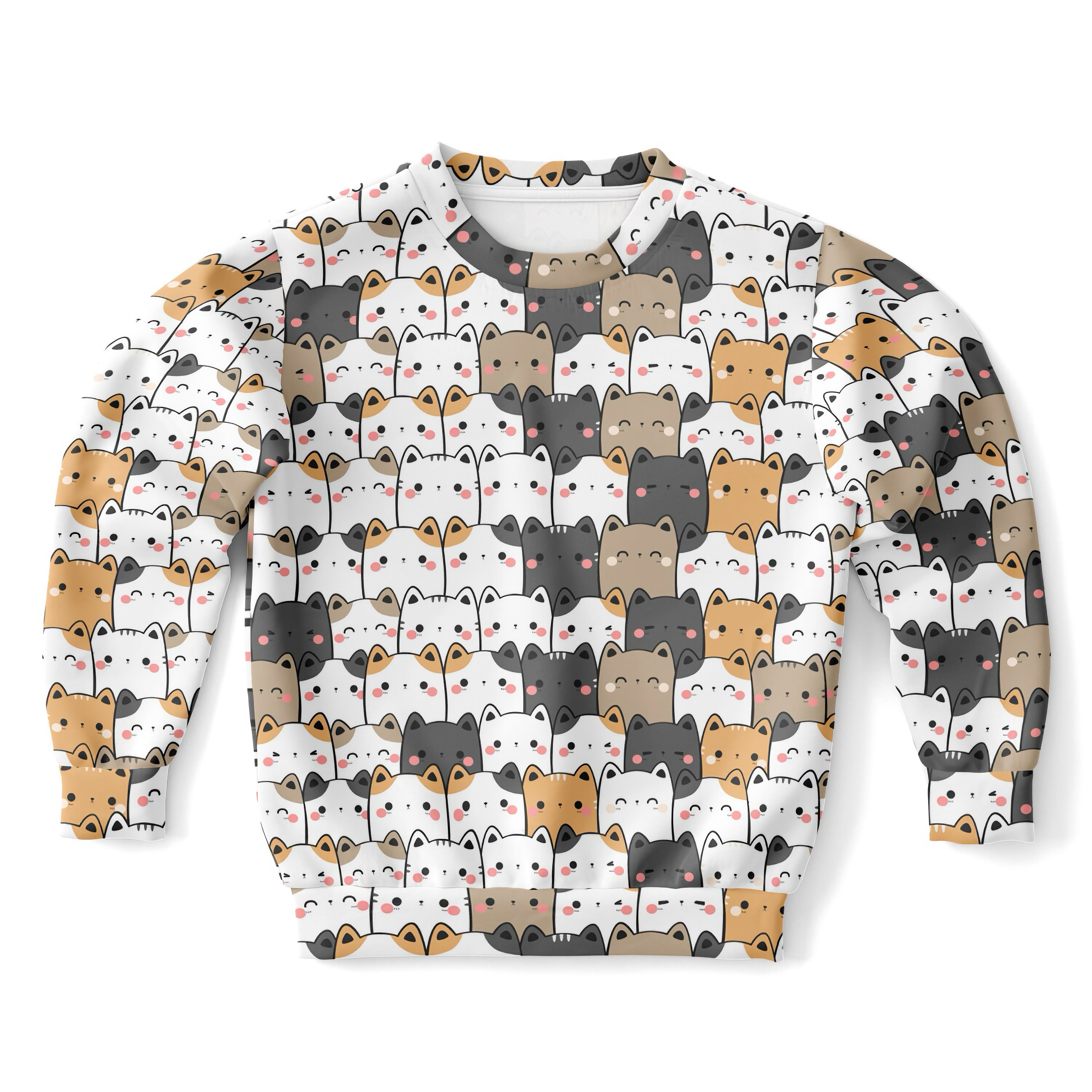 Girls Kawaii Cat Sweatshirt – Cozy Cotton Fleece or Lightweight Sports Fabric