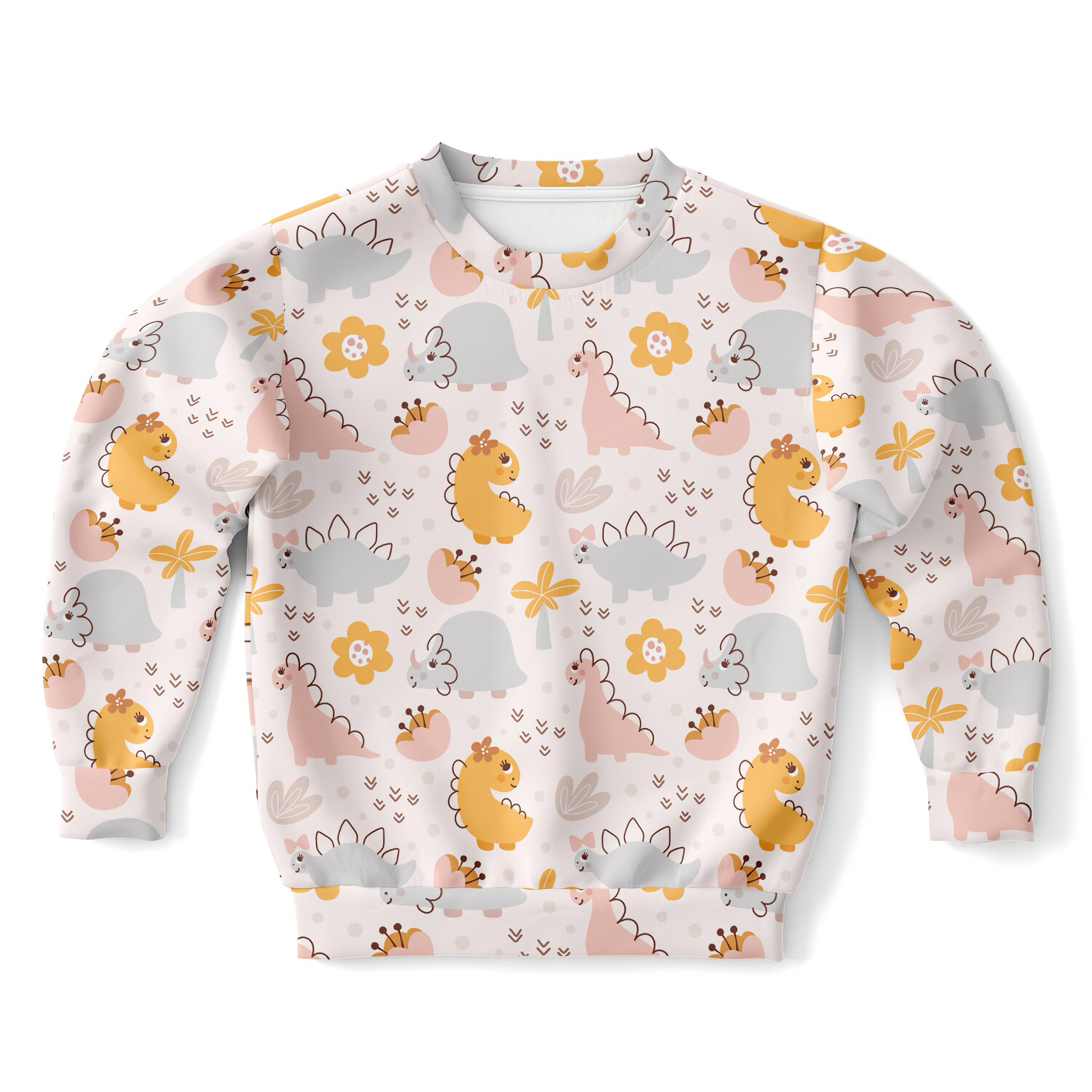 Girls floral dinosaur sweatshirt with pastel cartoon dinosaurs and flowers on light cotton fleece fabric