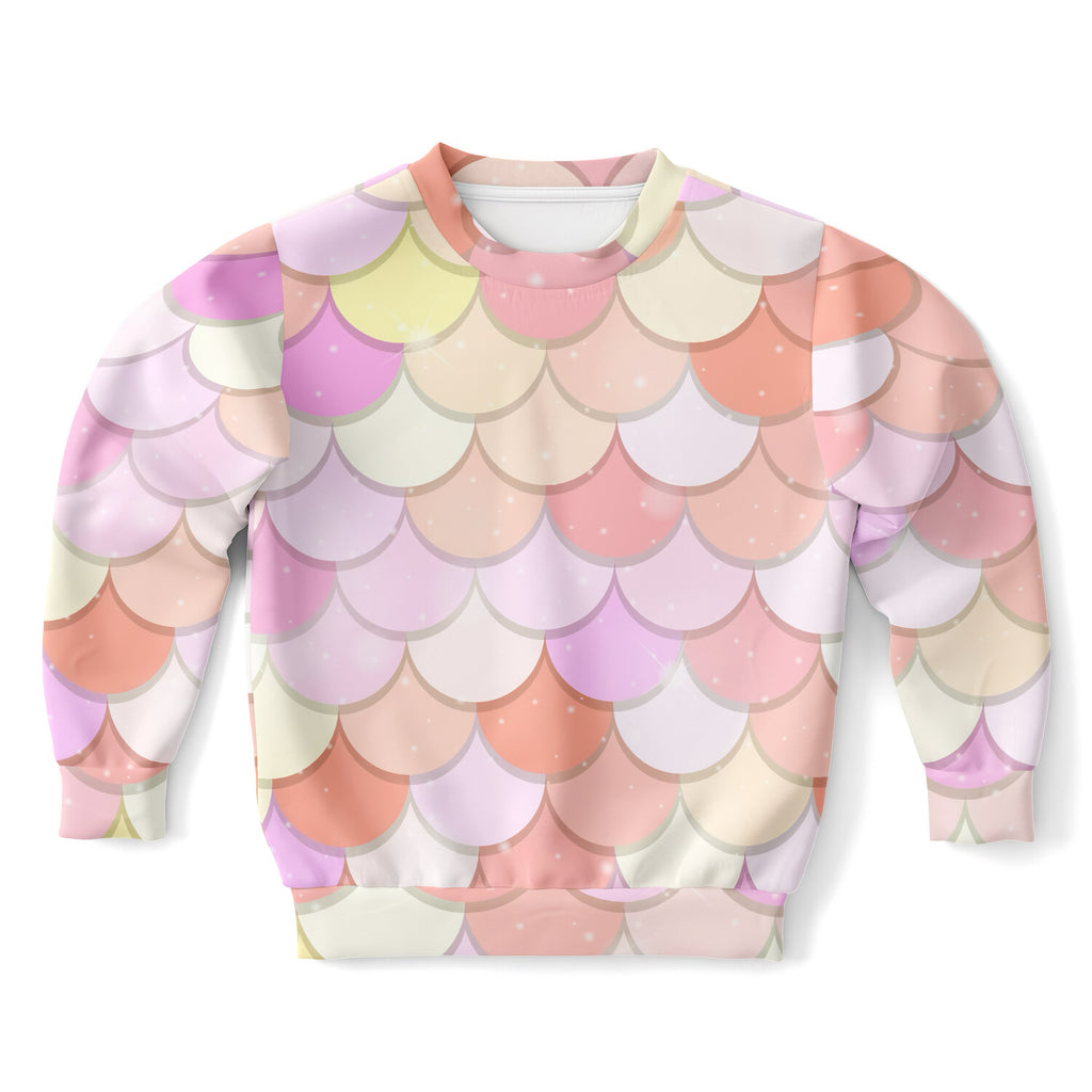 Girls pink mermaid scales sweatshirt with pastel mermaid-scale pattern in soft cotton fleece for cozy wear