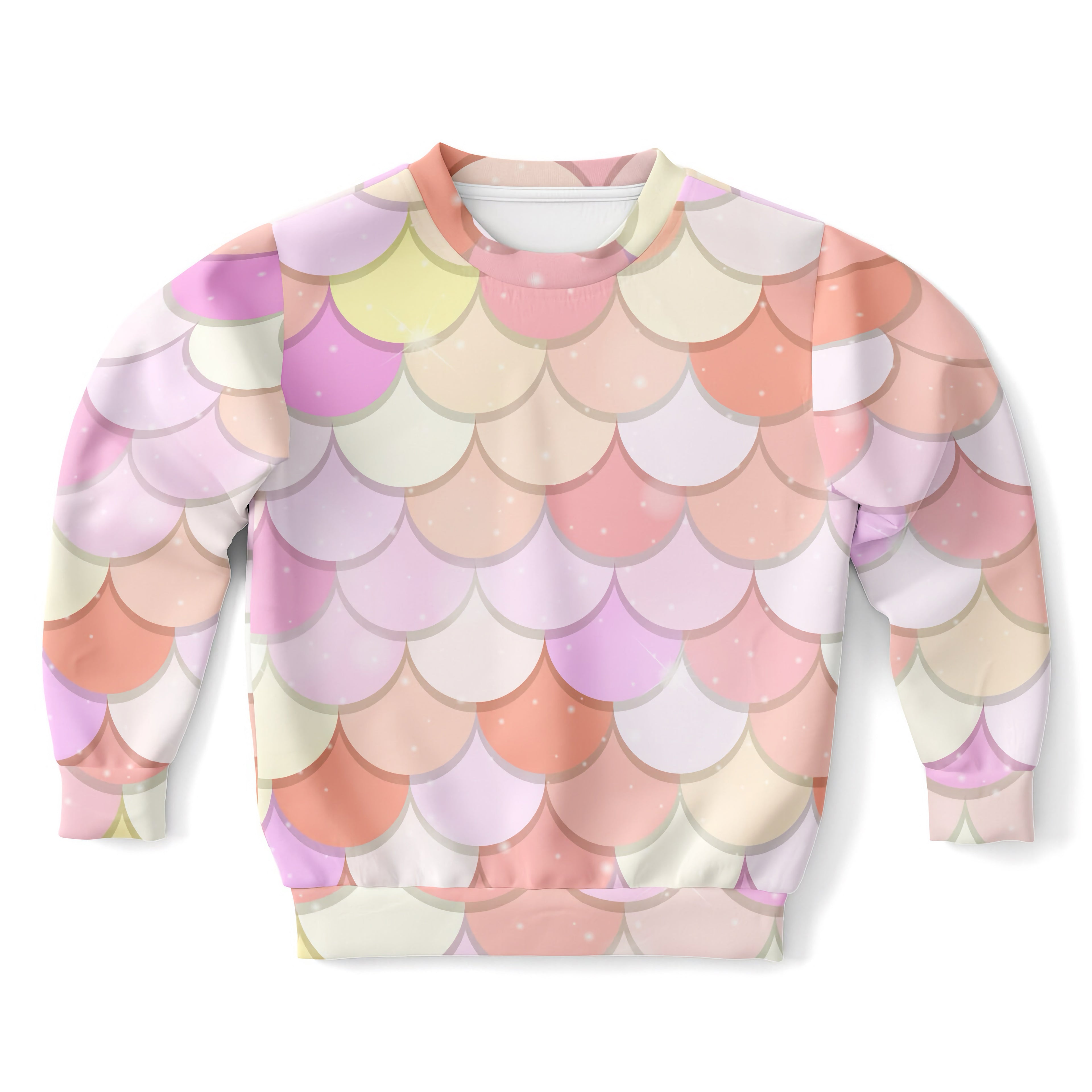 Girls pink mermaid scales sweatshirt with pastel mermaid-scale pattern in soft cotton fleece for cozy wear