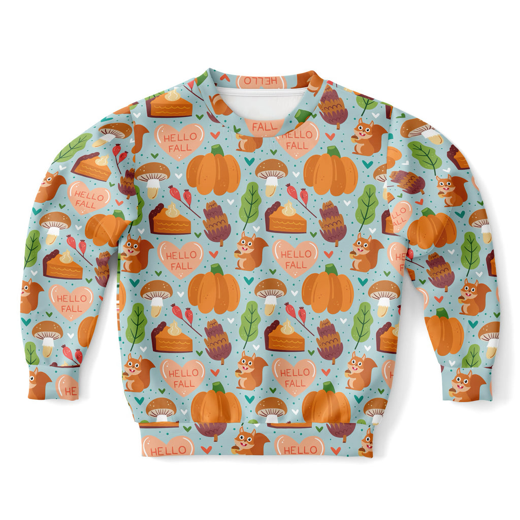 Kids hello fall light blue long-sleeved sweatshirt with playful autumn print in cozy cotton fleece or sports fabric