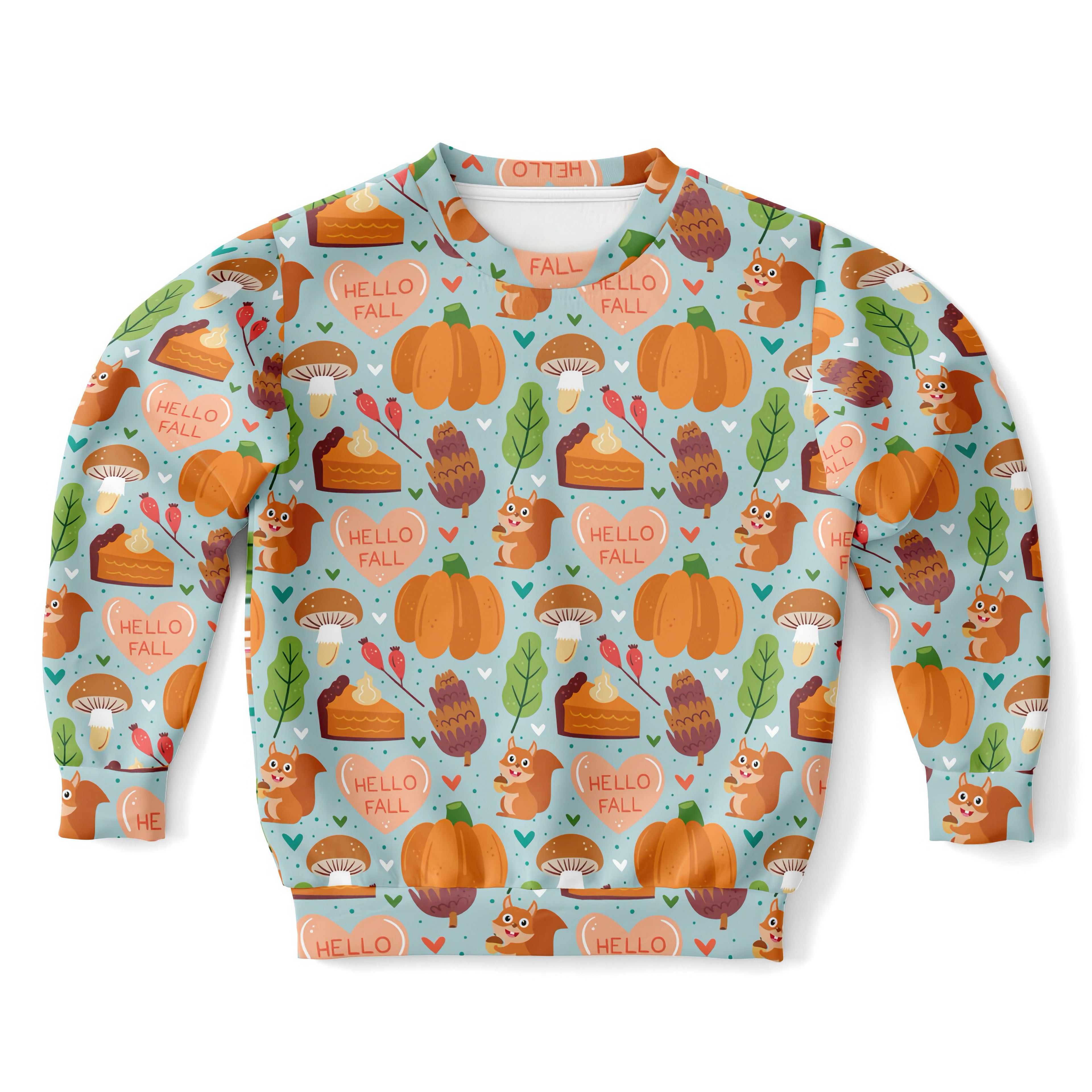 Kids hello fall light blue long-sleeved sweatshirt with playful autumn print in cozy cotton fleece or sports fabric