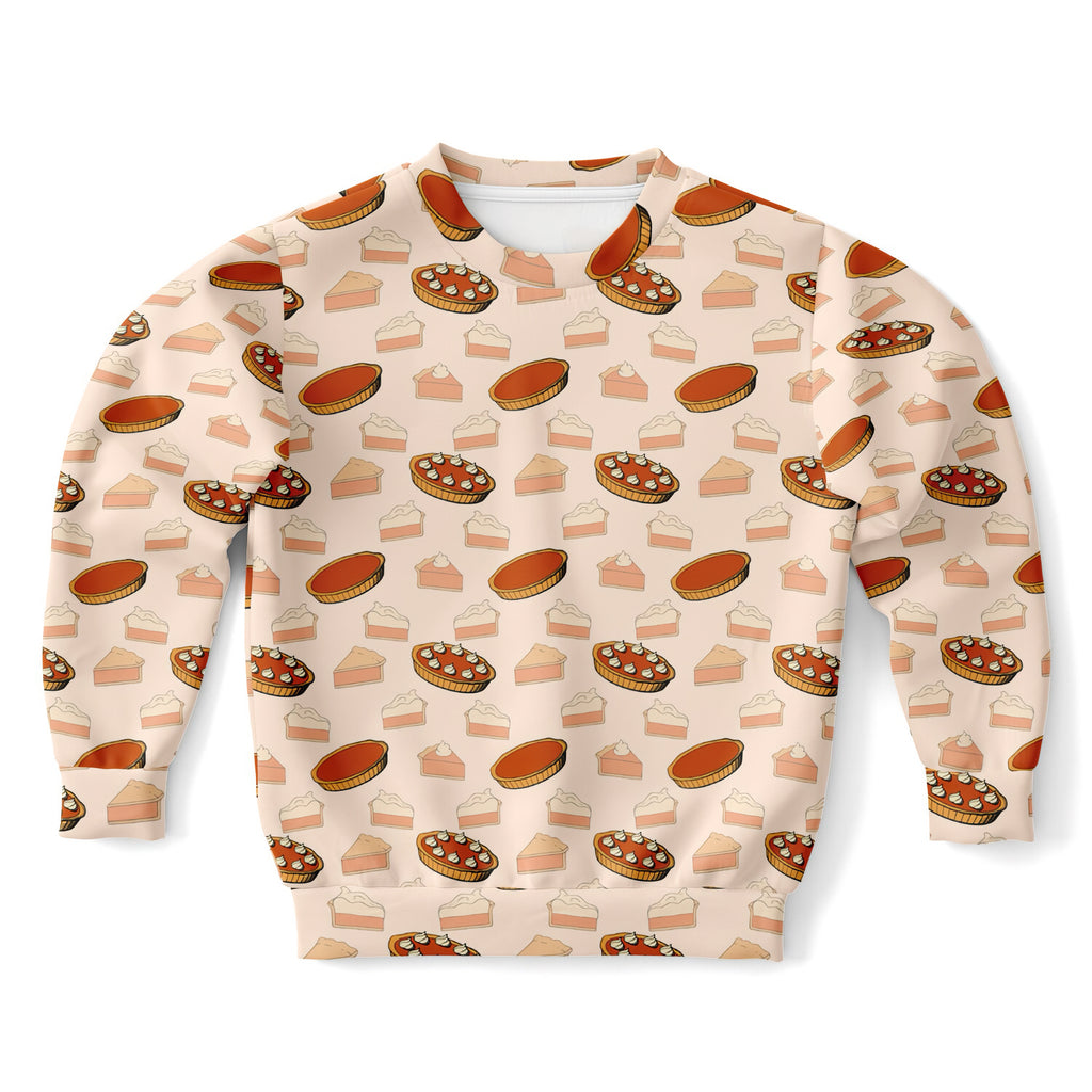 Kids pumpkin pie thanksgiving sweatshirt in beige cotton fleece with orange brown pie pattern for cozy fall wear