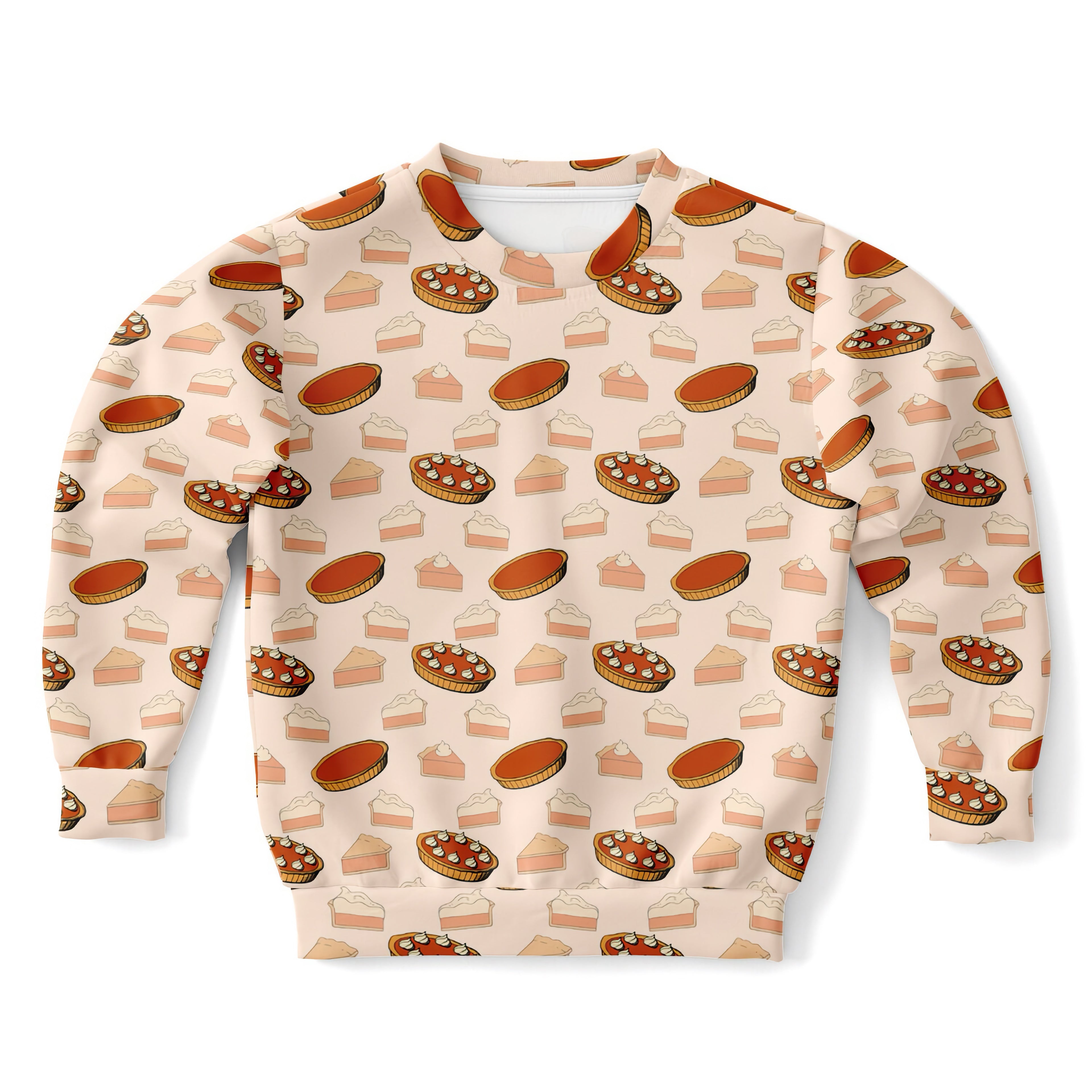 Kids pumpkin pie thanksgiving sweatshirt in beige cotton fleece with orange brown pie pattern for cozy fall wear
