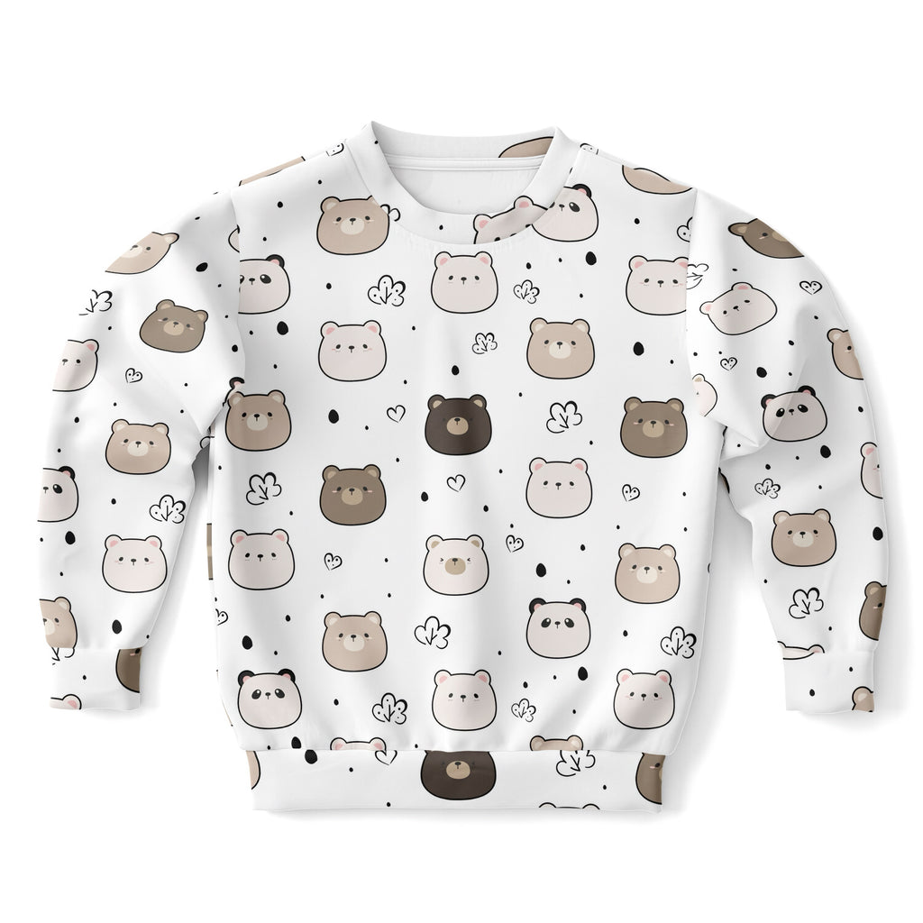 White long-sleeved kids sweatshirt with playful brown and beige cartoon bears pattern in cozy cotton fleece fabric