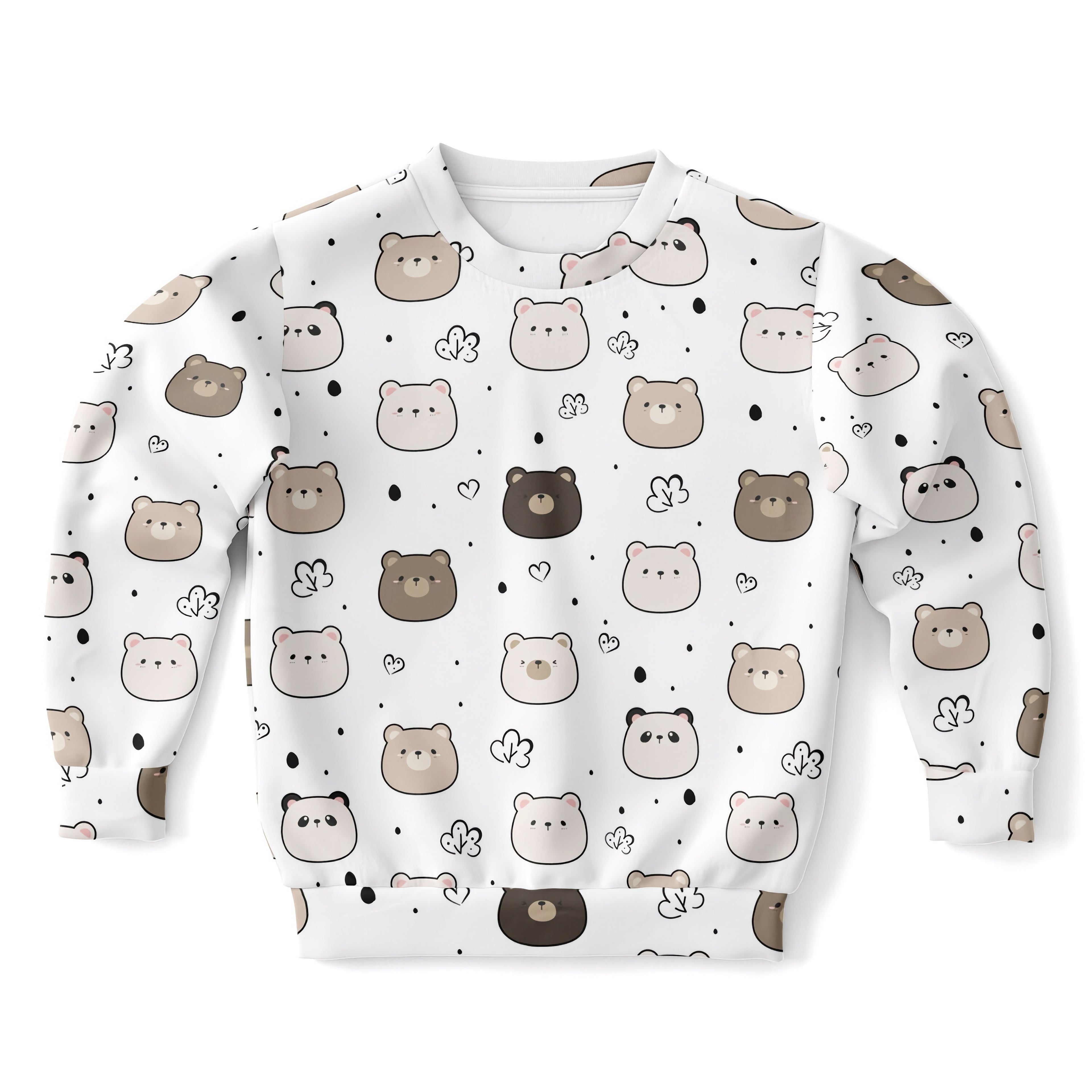 White long-sleeved kids sweatshirt with playful brown and beige cartoon bears pattern in cozy cotton fleece fabric