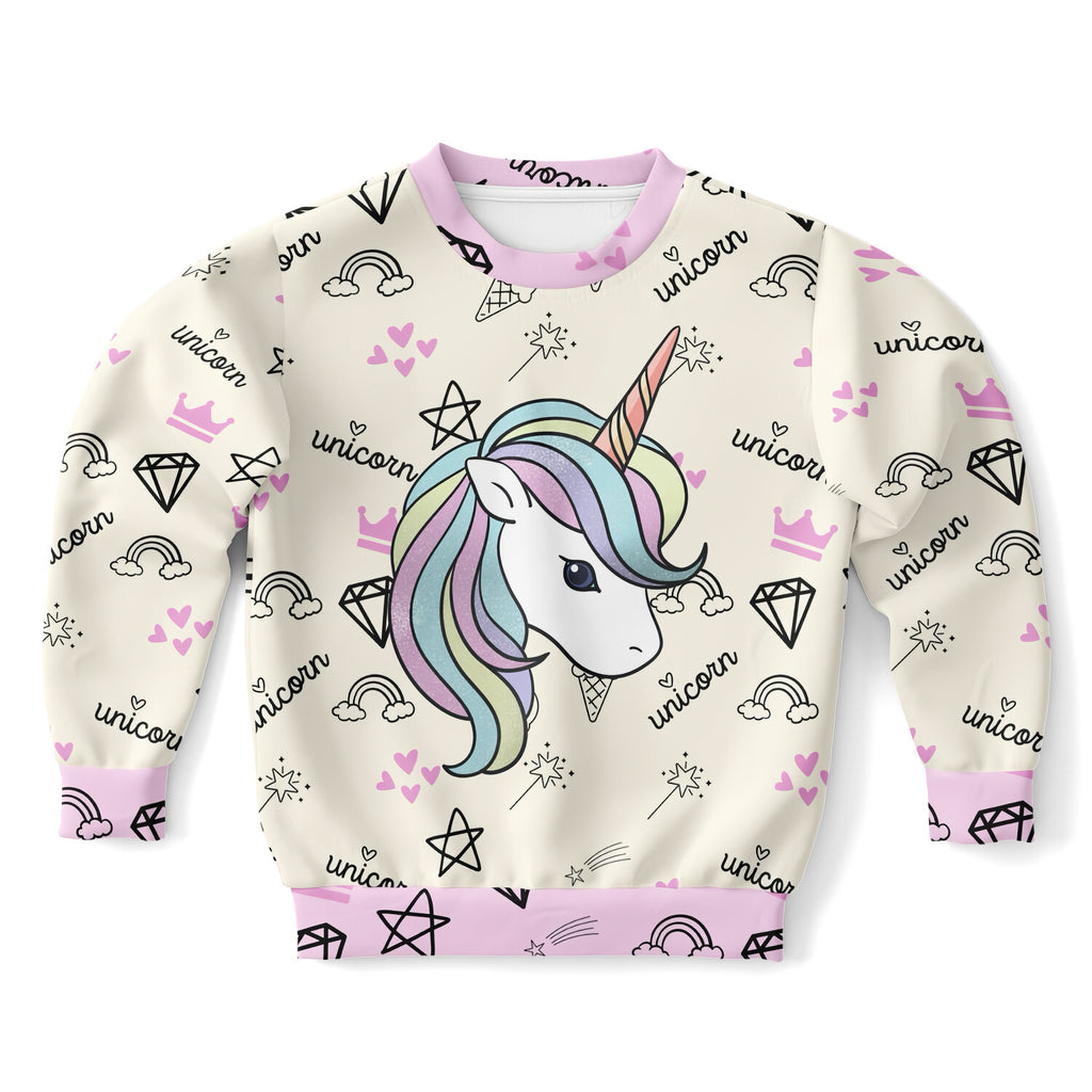 Cream-colored girls magical unicorn sweatshirt with rainbow unicorn graphic and black outlined hearts crowns rainbows diamonds stars