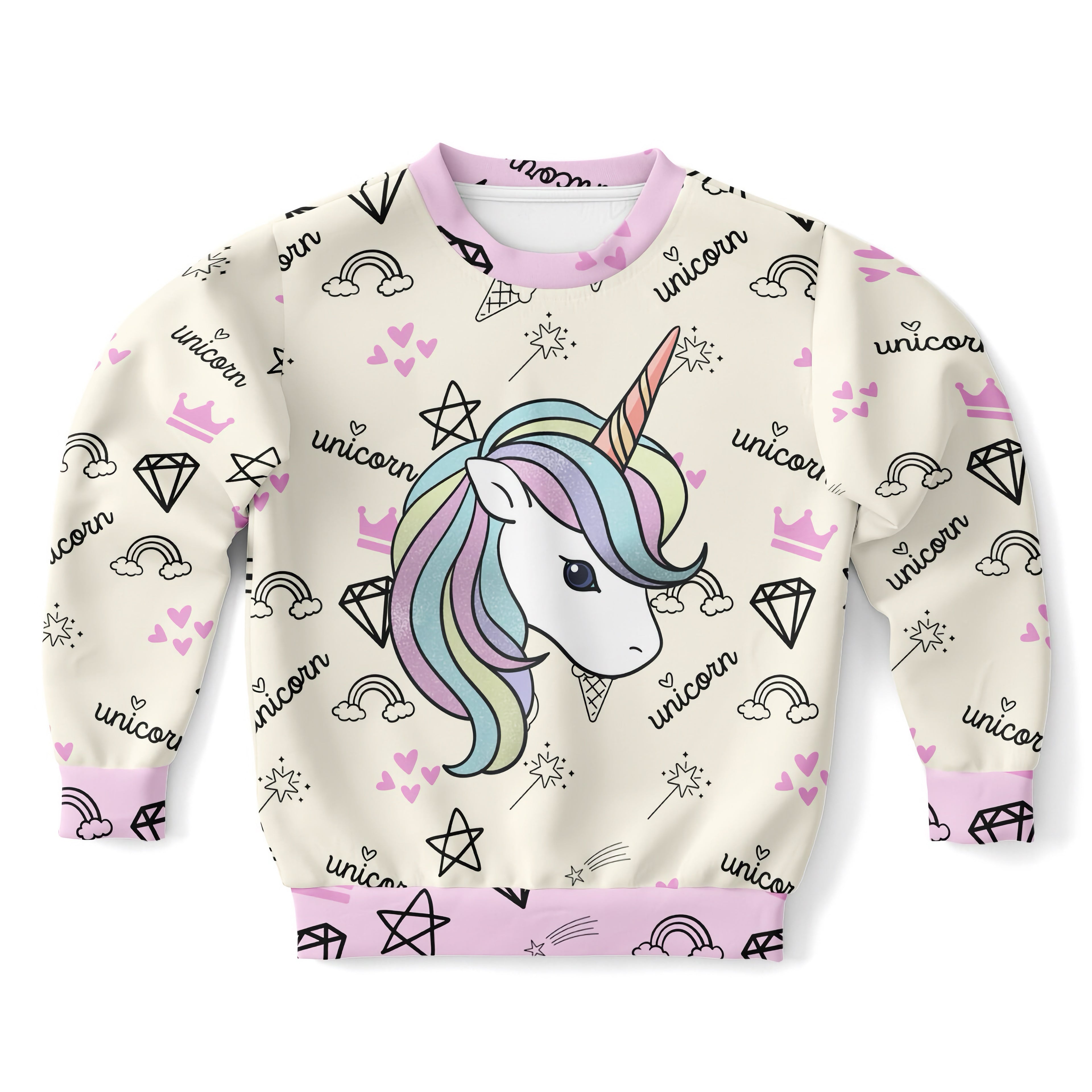 Cream-colored girls magical unicorn sweatshirt with rainbow unicorn graphic and black outlined hearts crowns rainbows diamonds stars