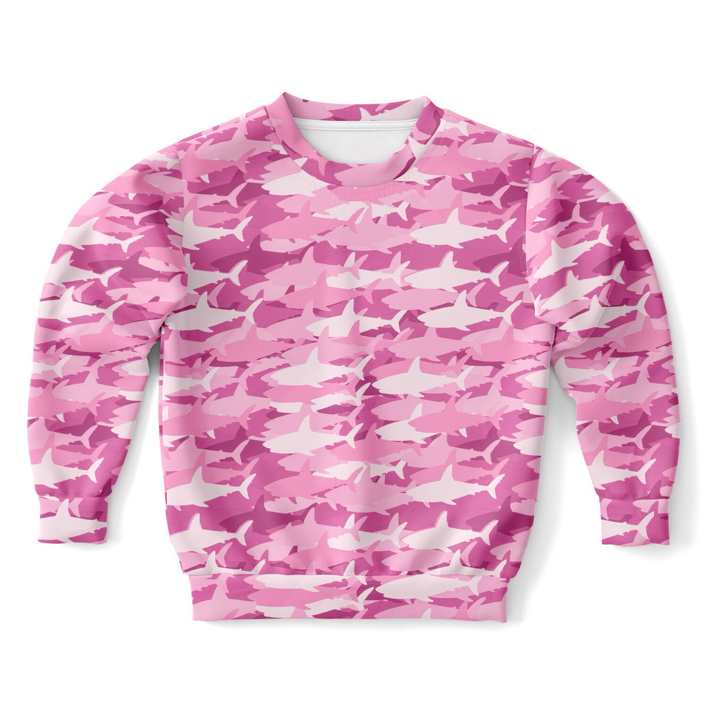 Girls pink shark sweatshirt in cozy cotton fleece with pink and white camouflage pattern for casual wear