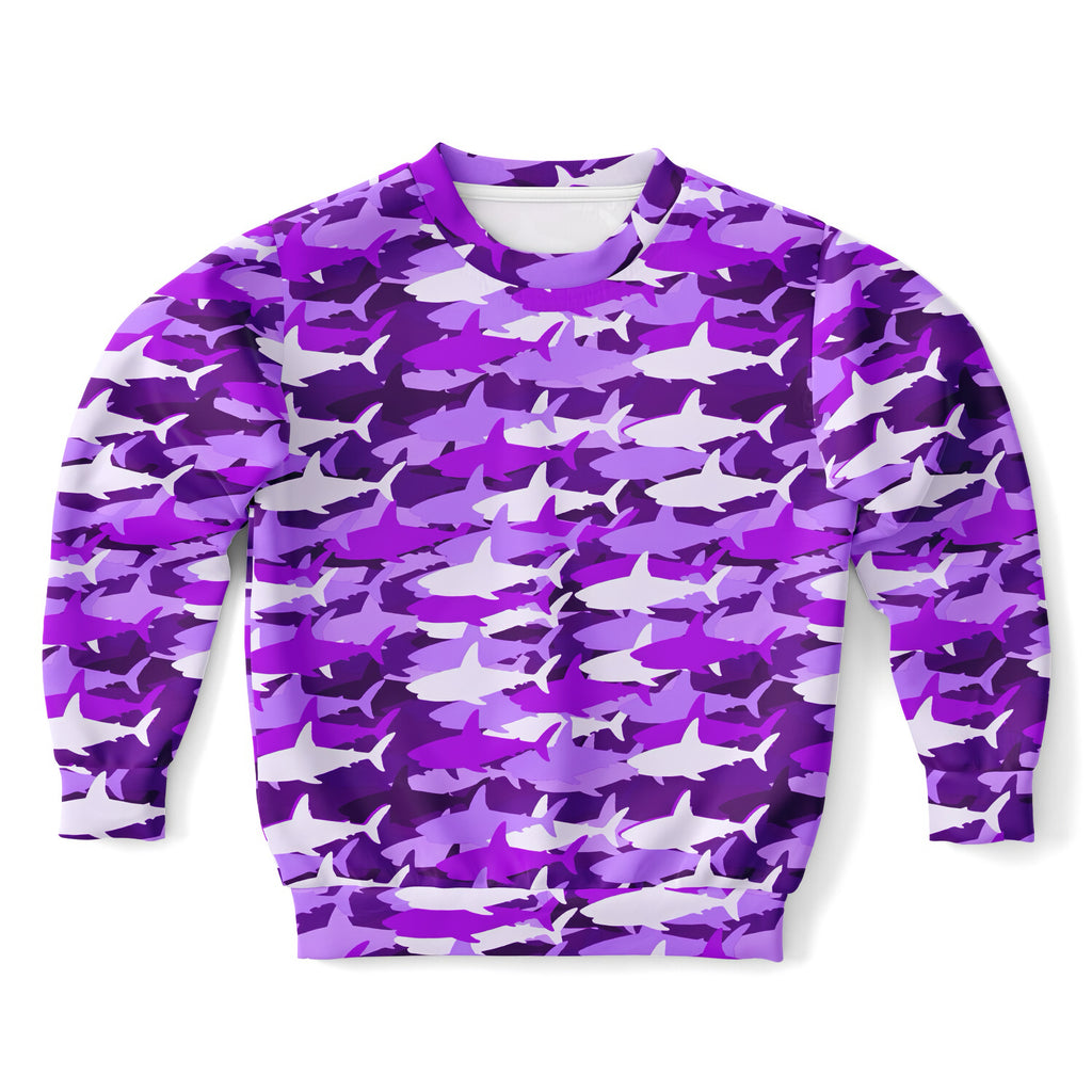Girls purple and white shark camouflage long-sleeved sweatshirt in cozy cotton fleece or lightweight sports fabric
