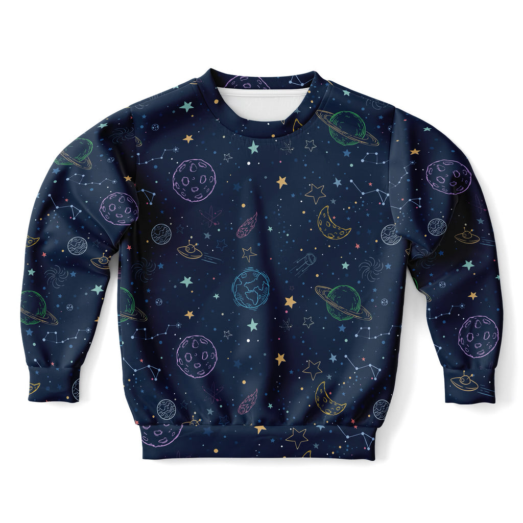 A navy blue kids sweatshirt with colorful pastel space print made from cozy cotton fleece or lightweight fabric