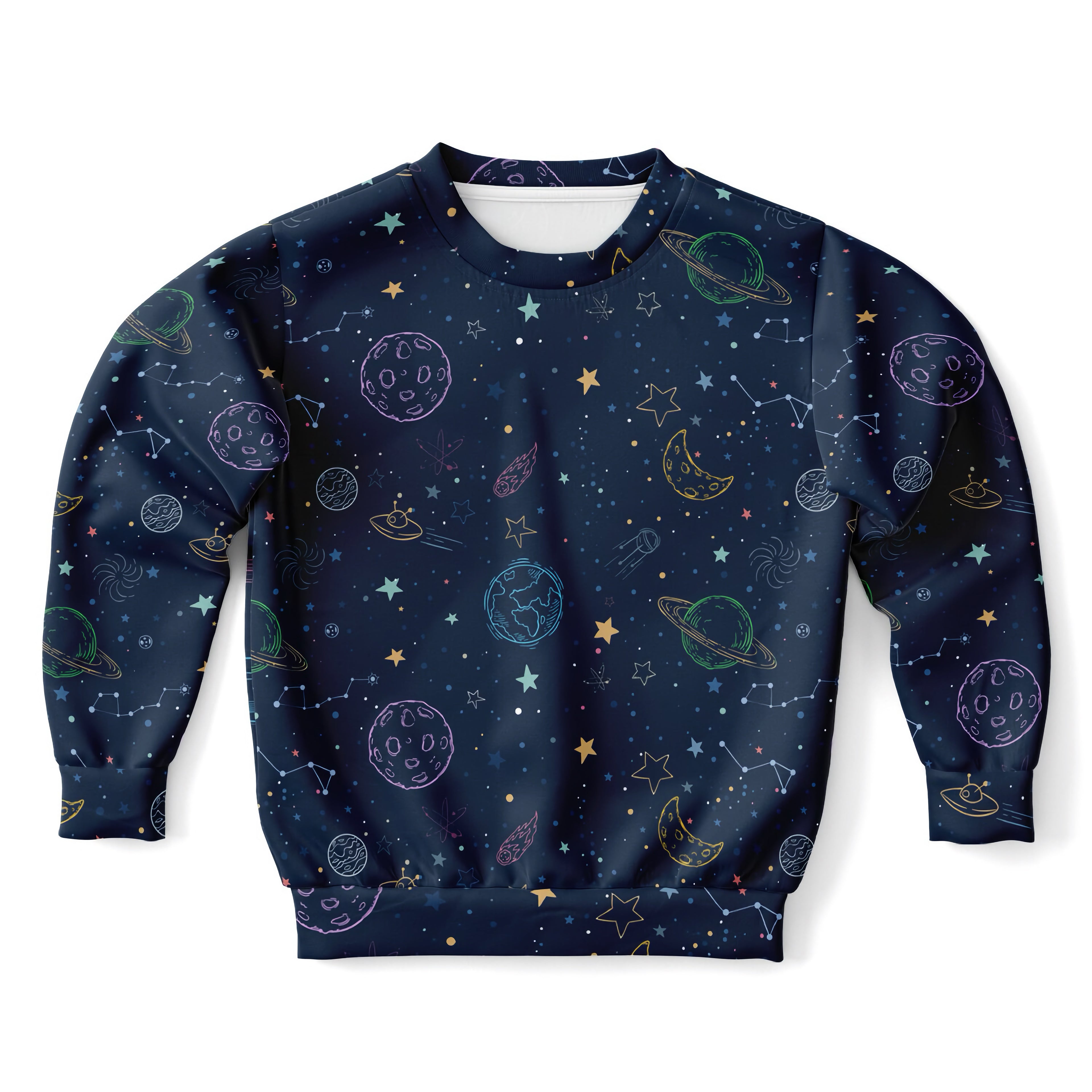 A navy blue kids sweatshirt with colorful pastel space print made from cozy cotton fleece or lightweight fabric