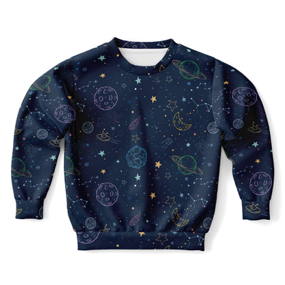 Kids Colorful Galaxy Space Sweatshirt – Cozy Cotton Fleece or Lightweight Sports Fabric