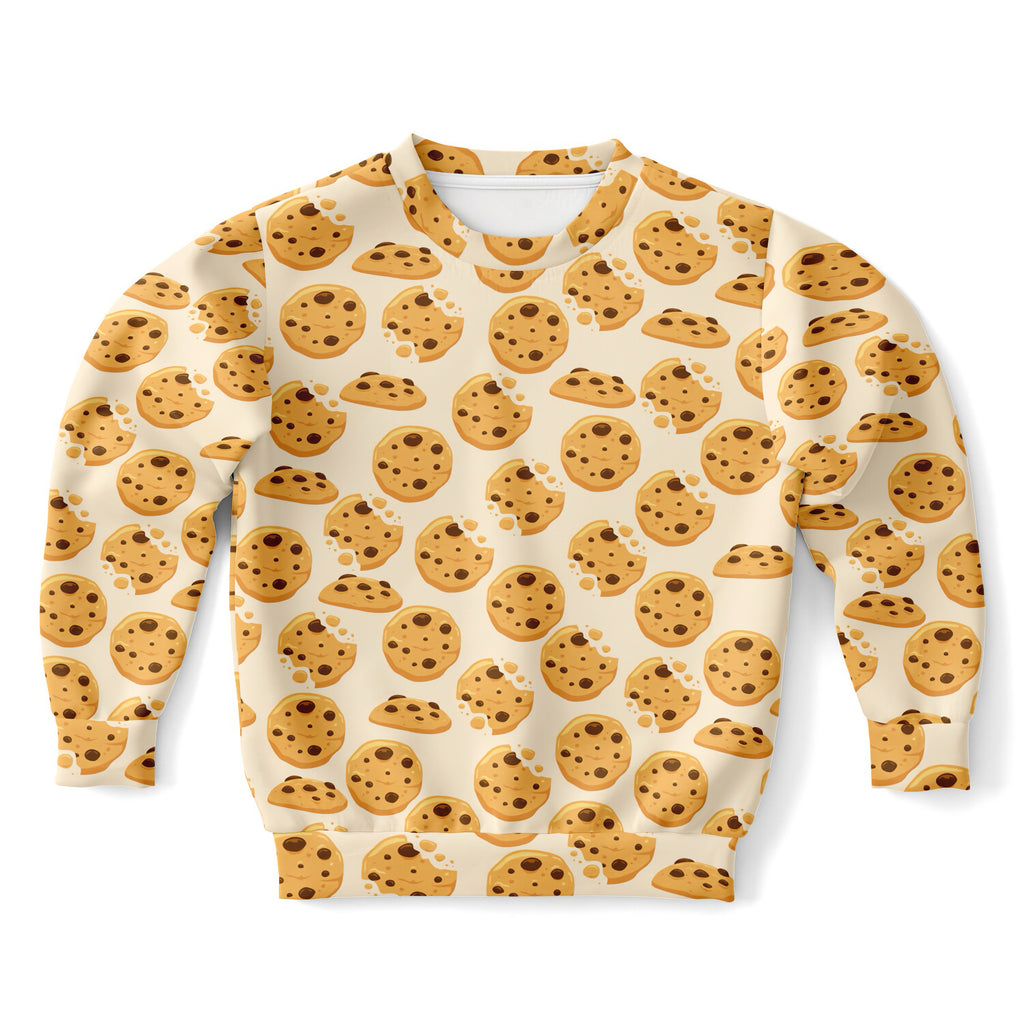 Beige kids chocolate chip cookies sweatshirt with playful cookie print made of cozy cotton fleece or lightweight fabric