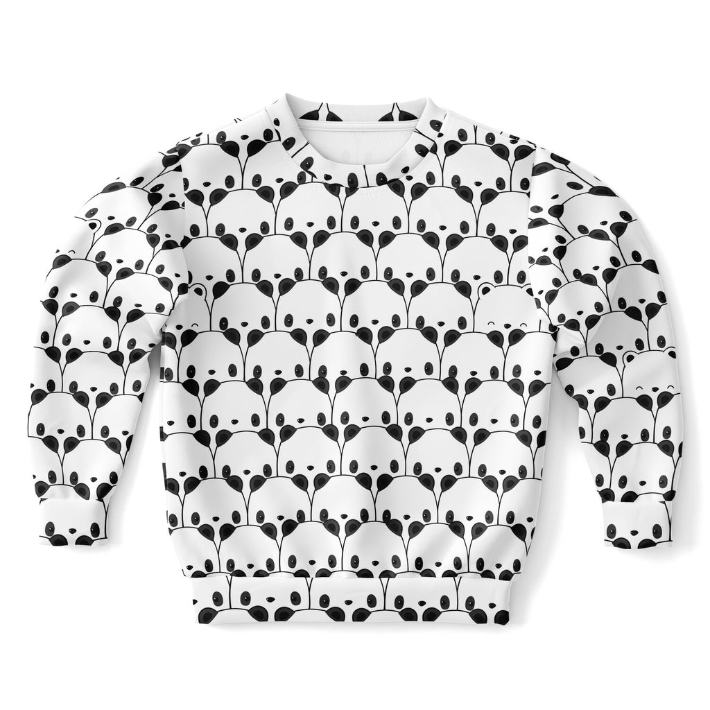 Kids panda sweatshirt in white cotton fleece with black panda face pattern printed all over for cozy wear