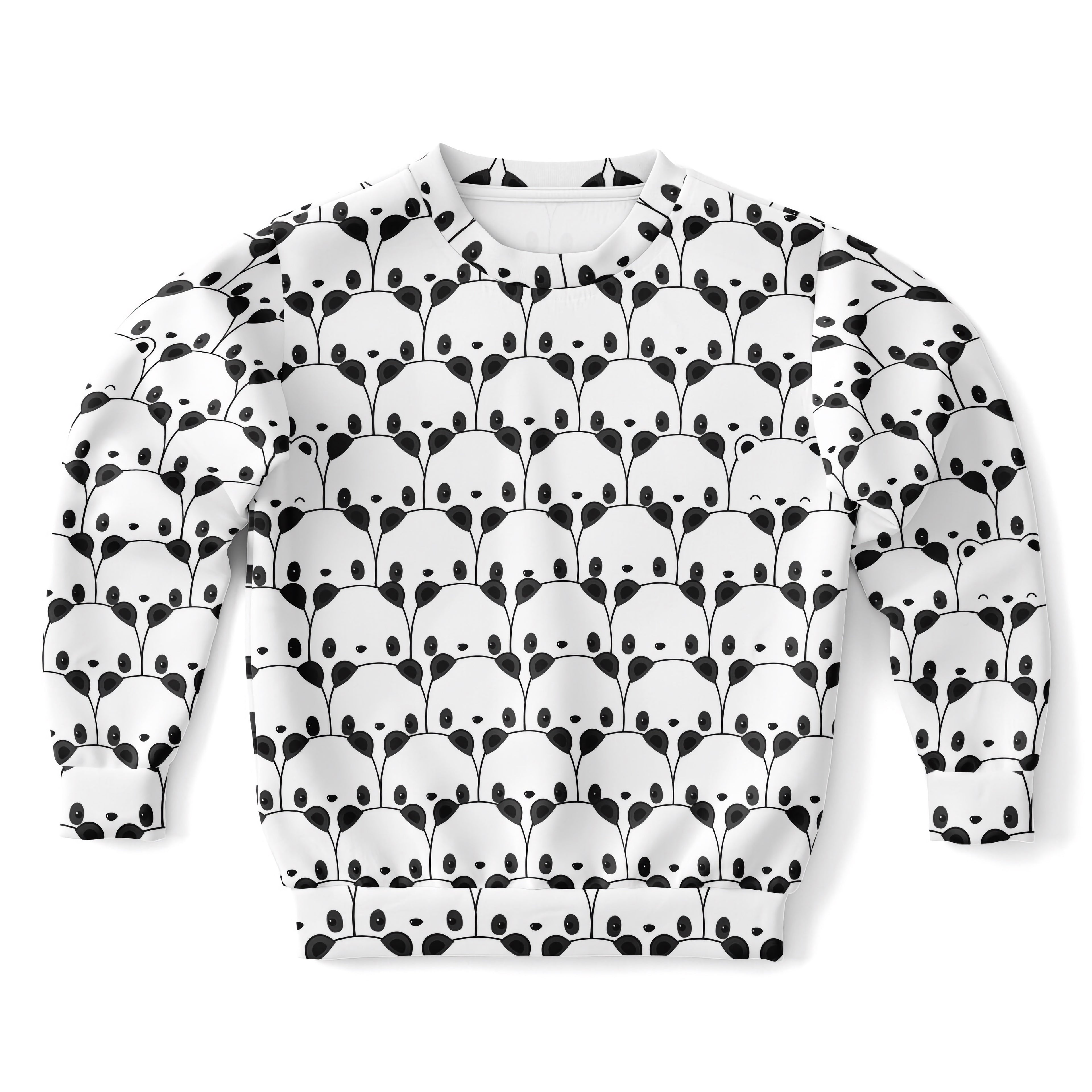 Kids panda sweatshirt in white cotton fleece with black panda face pattern printed all over for cozy wear