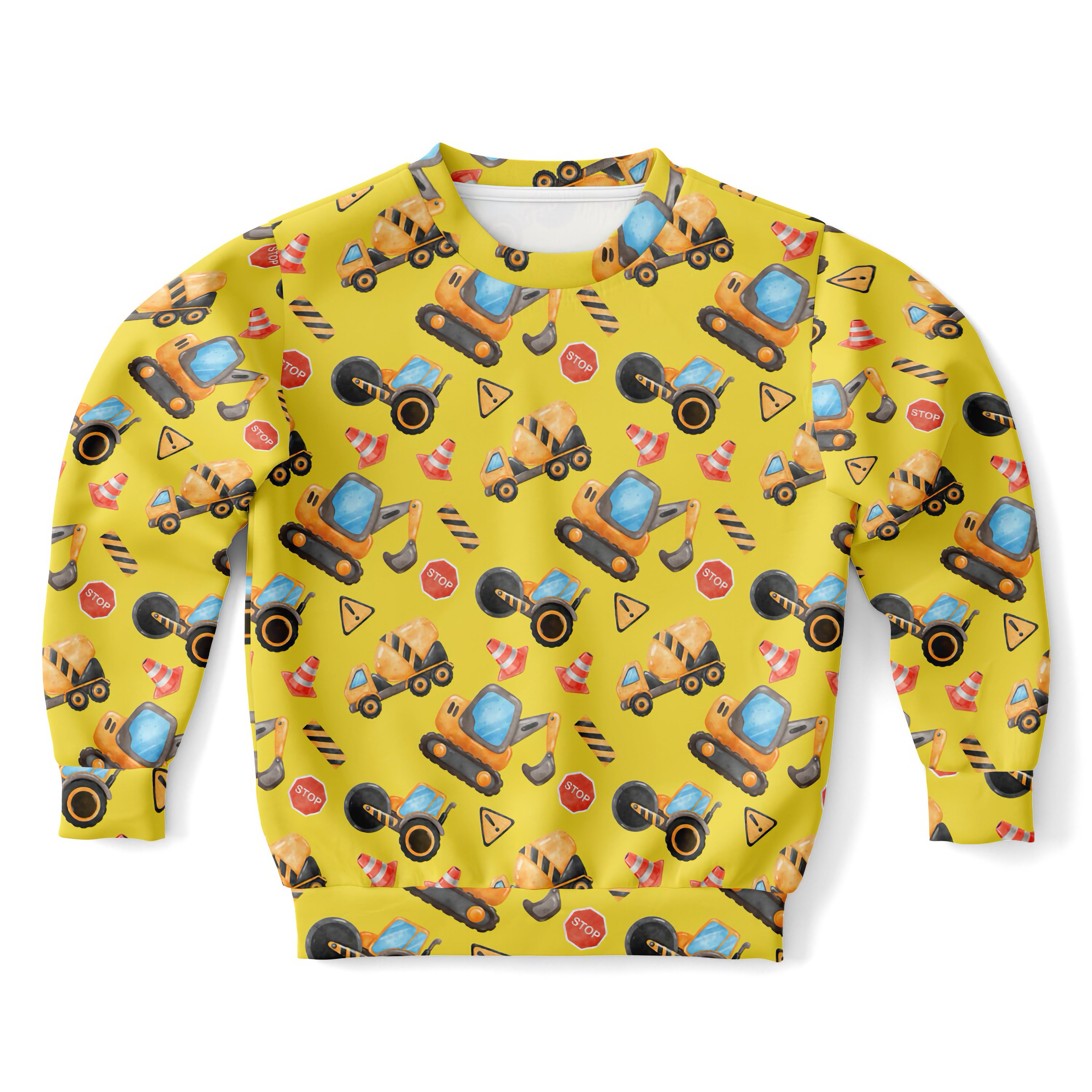 Yellow kids construction themed sweatshirt in cozy cotton fleece with orange and blue vehicle prints