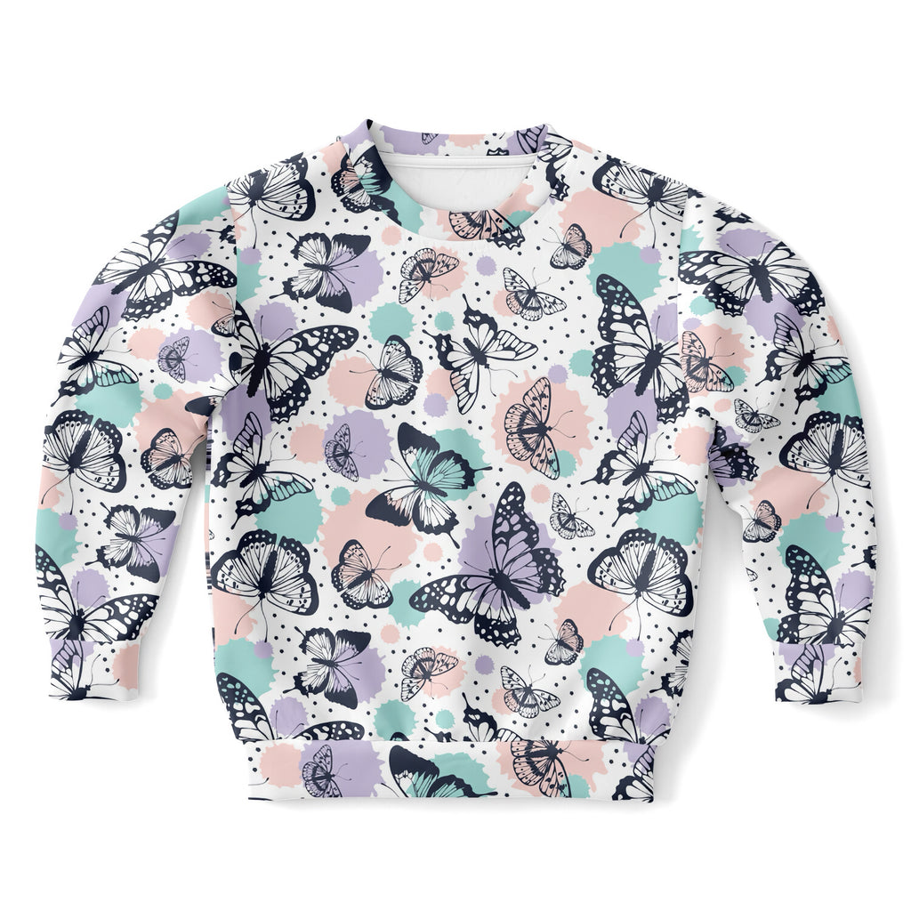 White girls butterfly sweatshirt with black teal and lavender butterfly pattern on cozy cotton fleece fabric