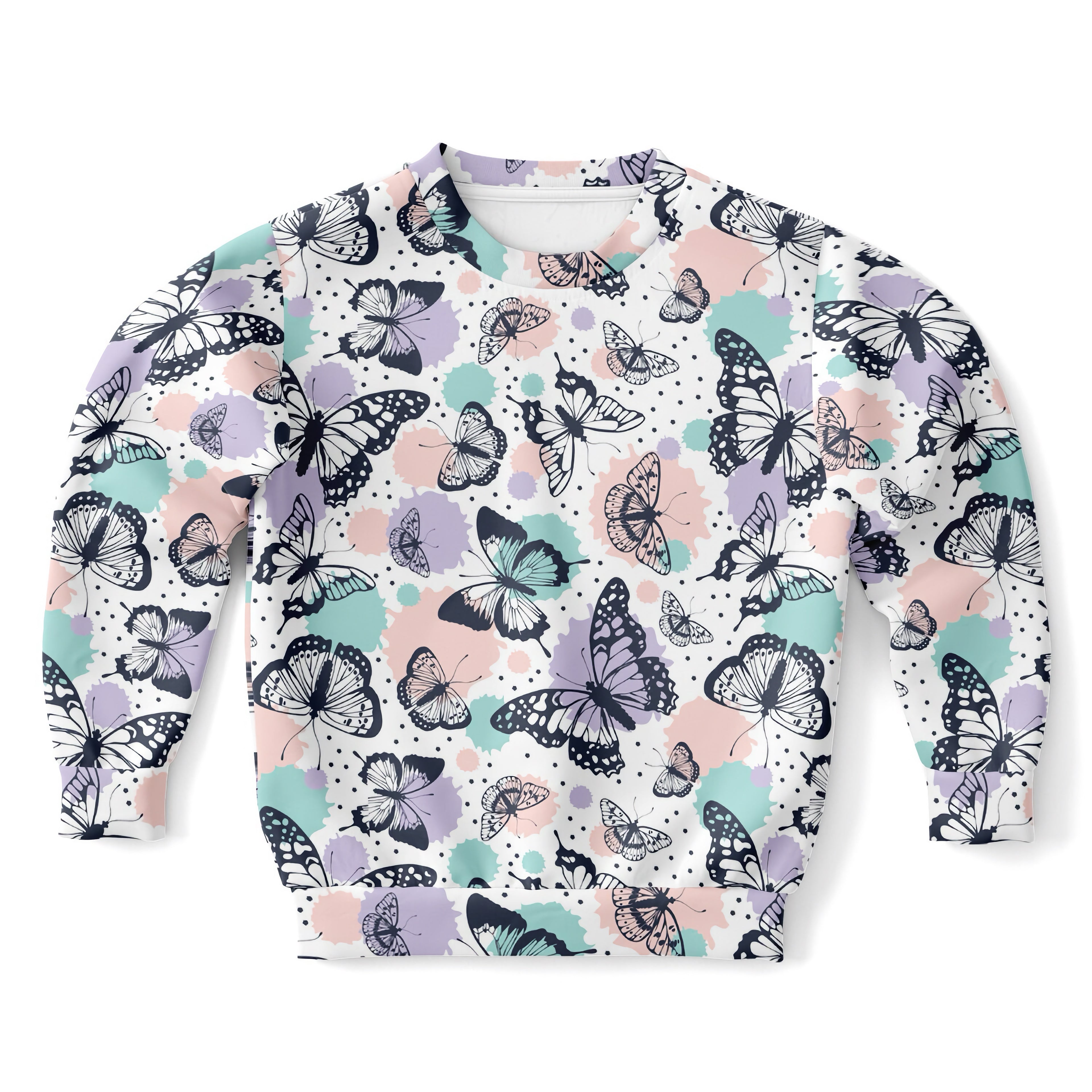 White girls butterfly sweatshirt with black teal and lavender butterfly pattern on cozy cotton fleece fabric