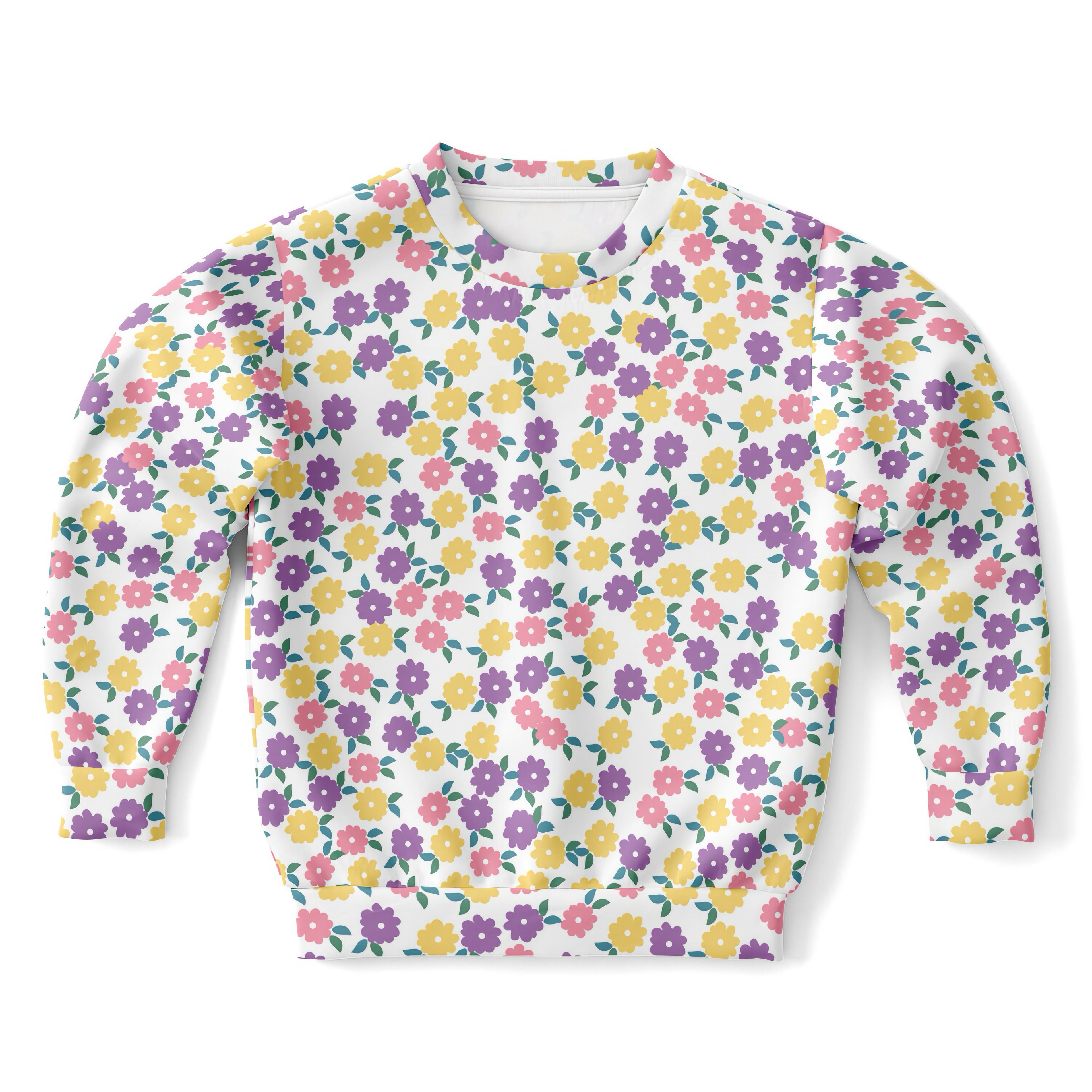 White long-sleeved girls floral sweatshirt with pastel pink yellow and purple flowers in cozy cotton fleece fabric