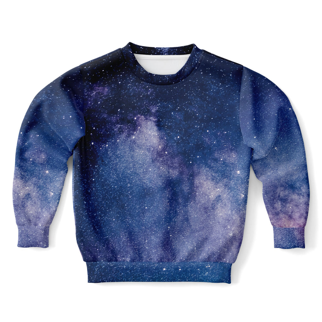 Kids realistic galaxy sweatshirt in navy blue and purple with full-body star and nebula print made of cozy cotton fleece