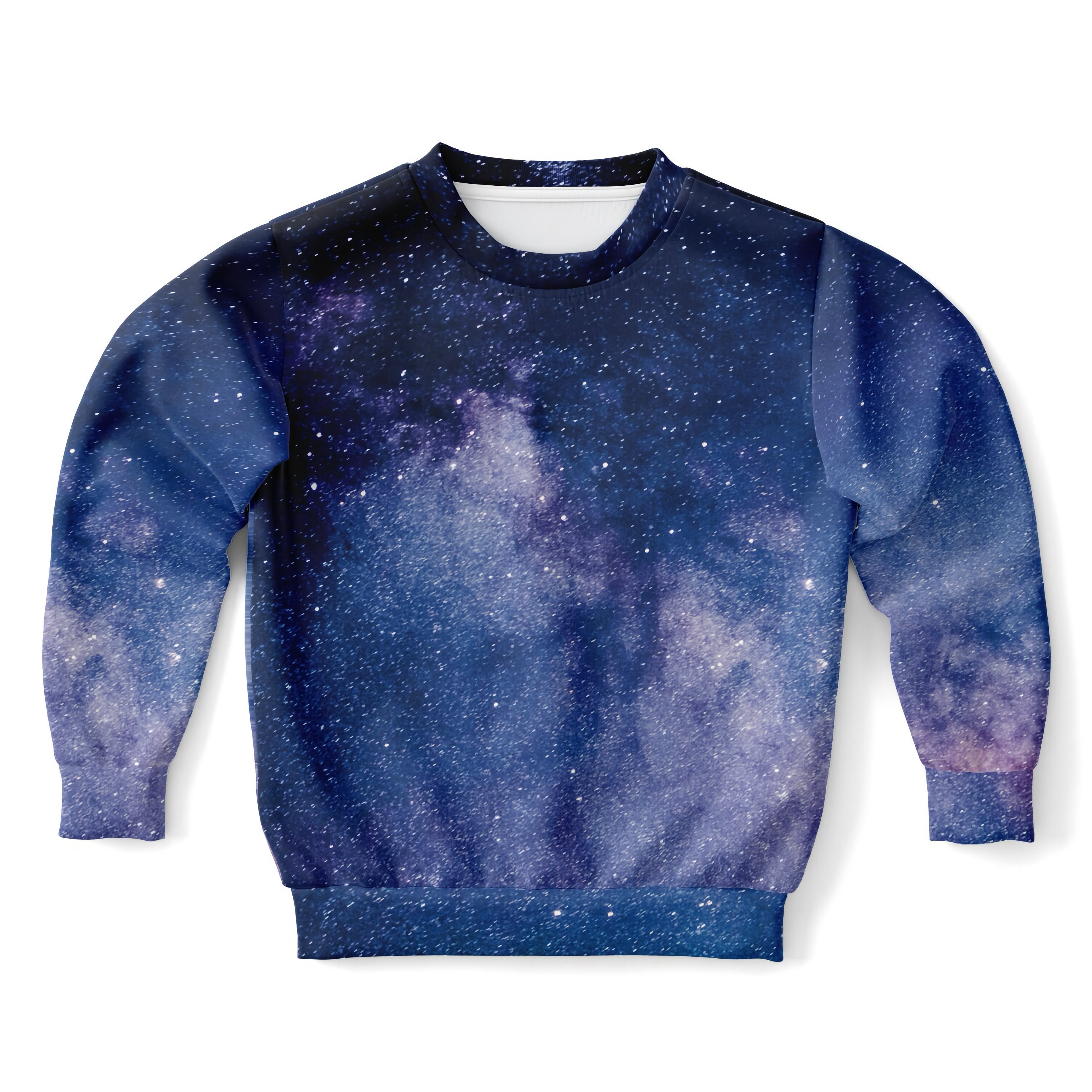 Kids realistic galaxy sweatshirt in navy blue and purple with full-body star and nebula print made of cozy cotton fleece