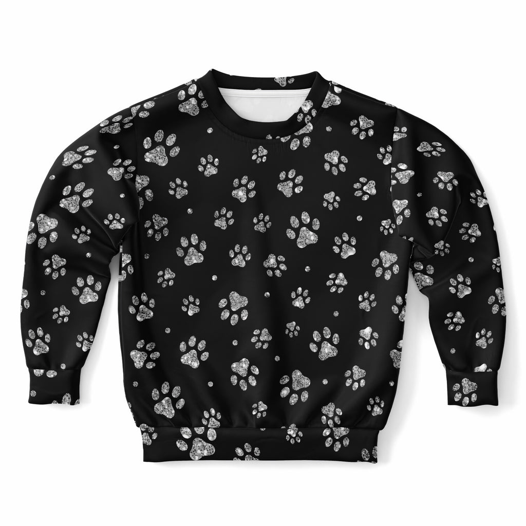 Kids Silver Faux Glitter Paw Print Sweatshirt – Ultra Soft & Stretchy, Cozy Fleece or Lightweight Sports Fabric Sweatshirt – Ultra Soft & Stretchy, Cozy Fleece or Lightweight Sports Fabric