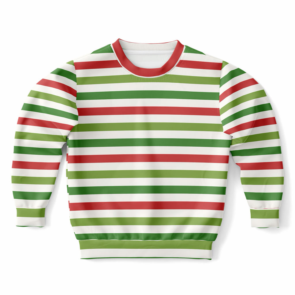 Kids Red Green & White Christmas Striped Sweatshirt – Ultra Soft & Stretchy, Cozy Fleece or Lightweight Sports Fabric Sweatshirt – Ultra Soft & Stretchy, Cozy Fleece or Lightweight Sports Fabric