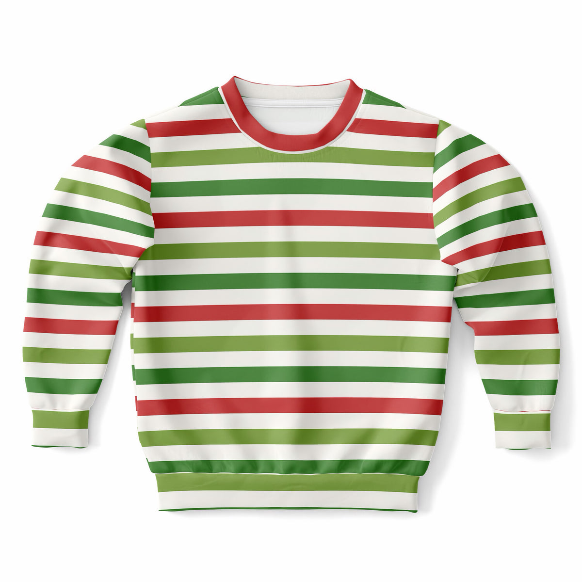 Kids Red Green & White Christmas Striped Sweatshirt – Ultra Soft & Stretchy, Cozy Fleece or Lightweight Sports Fabric Sweatshirt – Ultra Soft & Stretchy, Cozy Fleece or Lightweight Sports Fabric